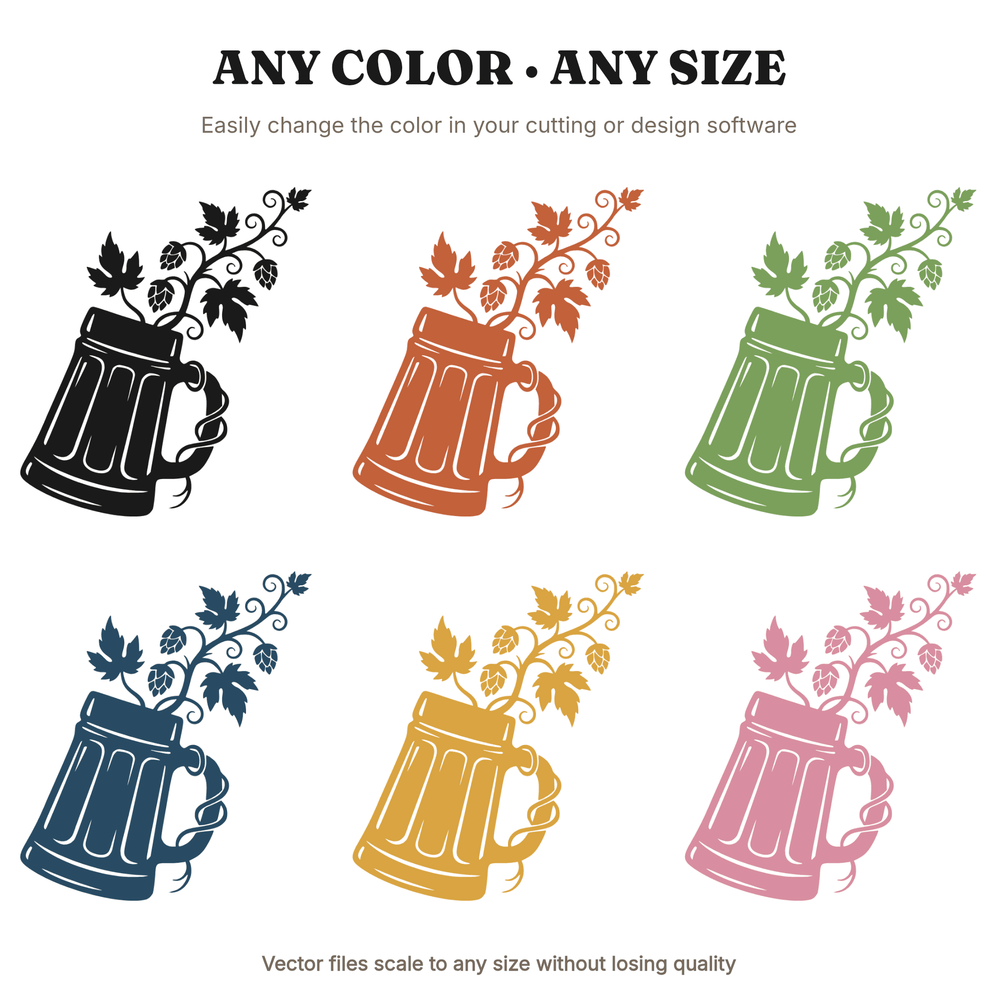 Tilted Beer Stein SVG PNG, Hop Vine Silhouette, Oktoberfest Farmhouse Decor, Craft Beer Cut File — view 2