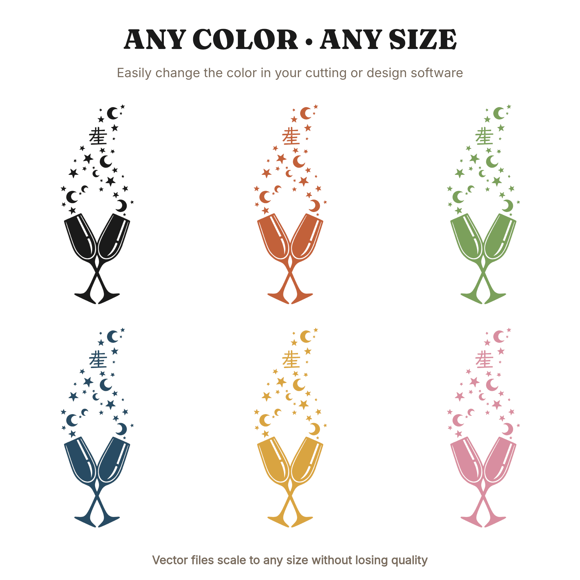 Celestial Champagne Toast SVG PNG, Anniversary Flutes with Stars & Moon Bubbles Cut File — view 2
