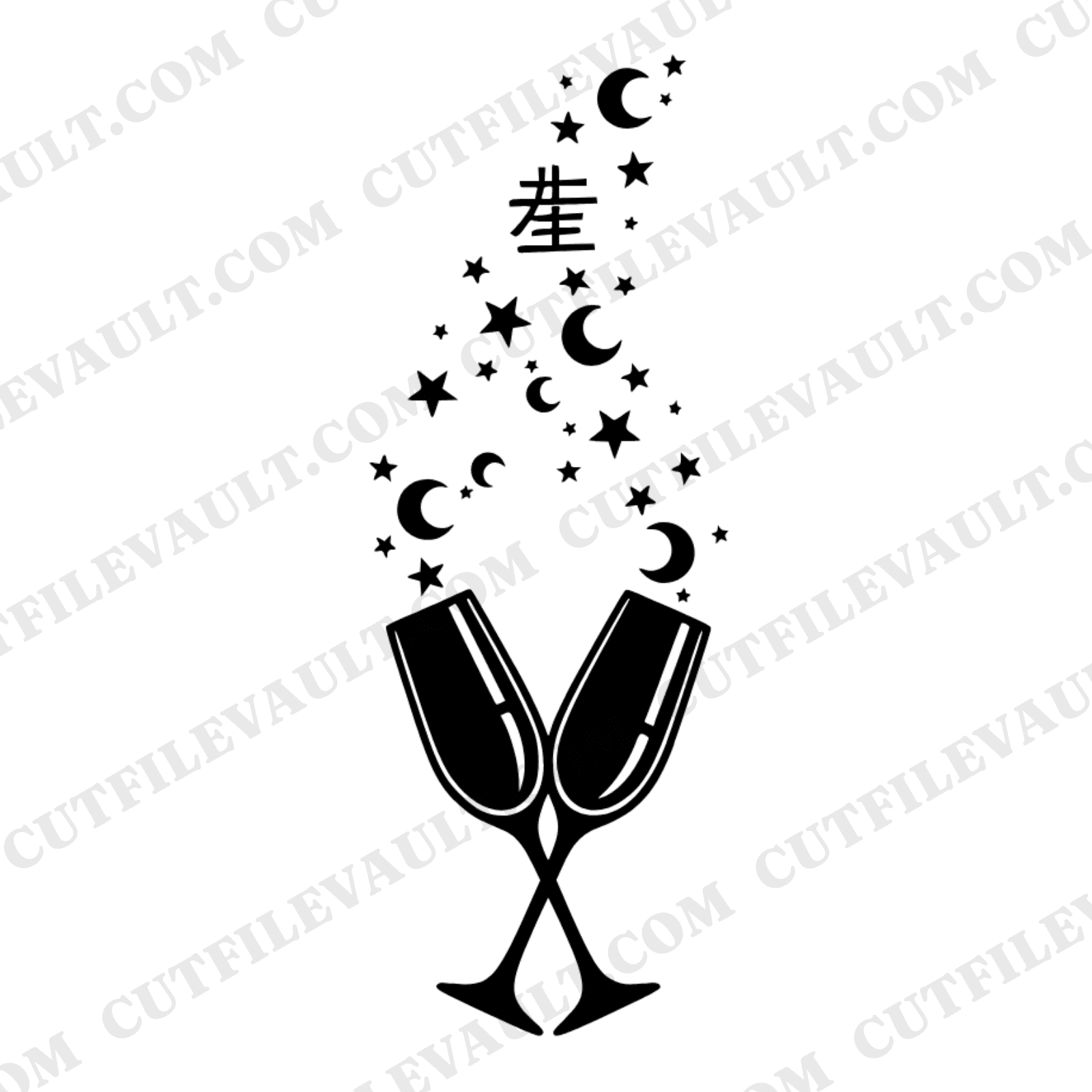 Celestial Champagne Toast SVG PNG, Anniversary Flutes with Stars & Moon Bubbles Cut File — view 1