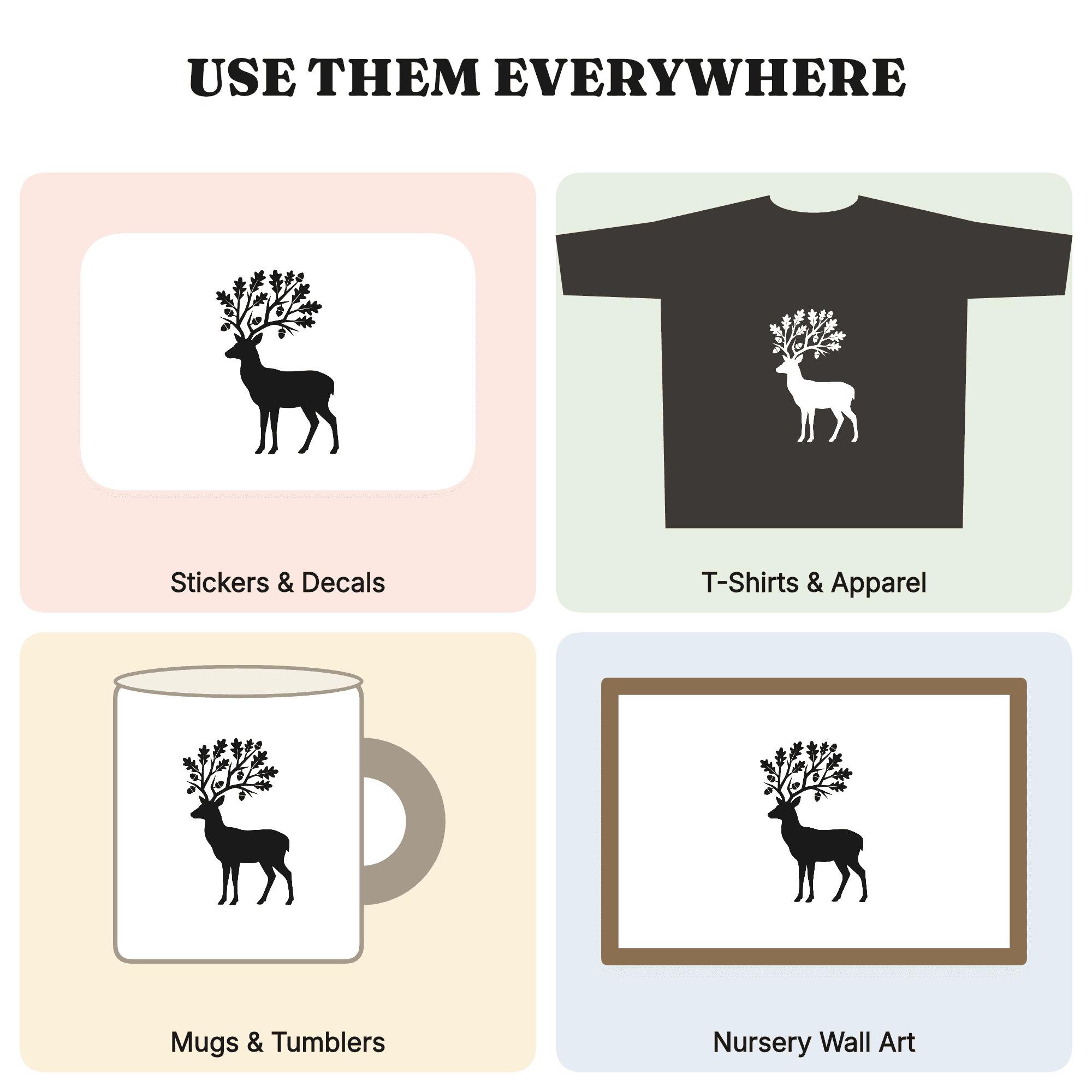 Fall Equinox Deer SVG PNG, Geometric Oak Antlers Cut File, Autumn Woodland Silhouette Design — view 3