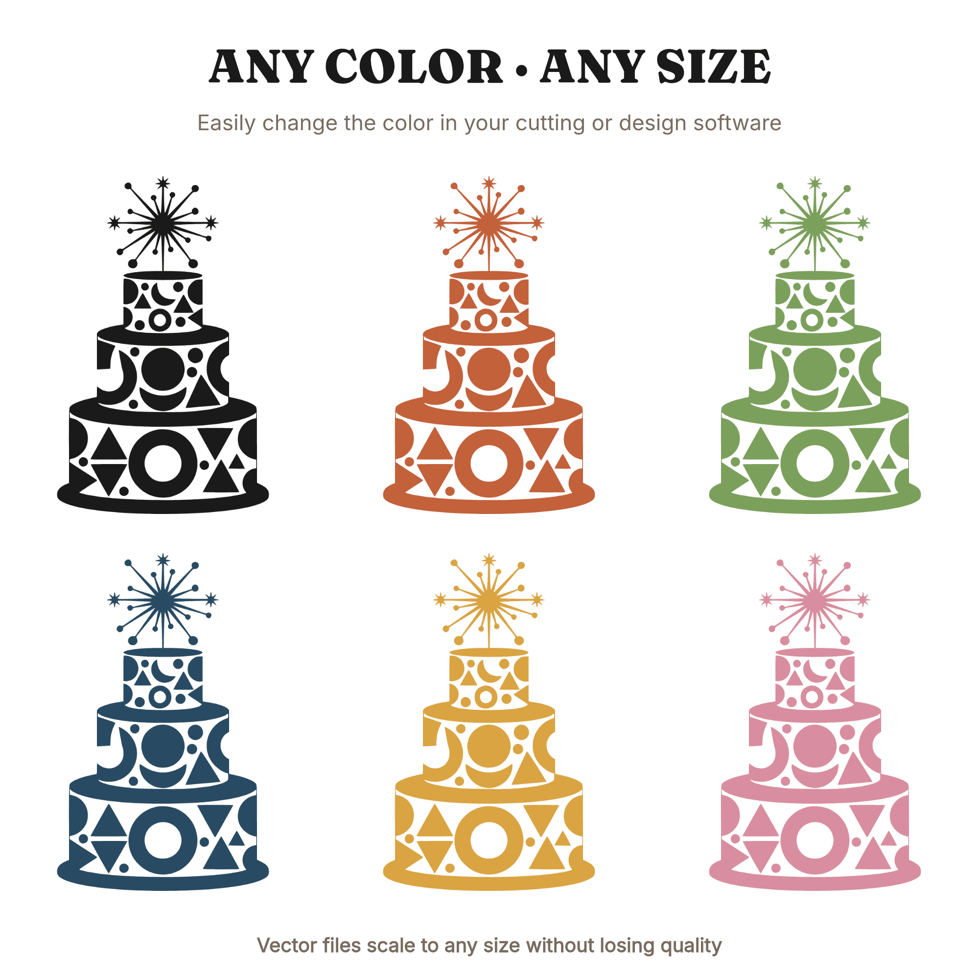 Mid Century Modern Cake SVG PNG, Retro Three Tier Wedding Cake Cut File, Atomic Starburst Topper — view 2