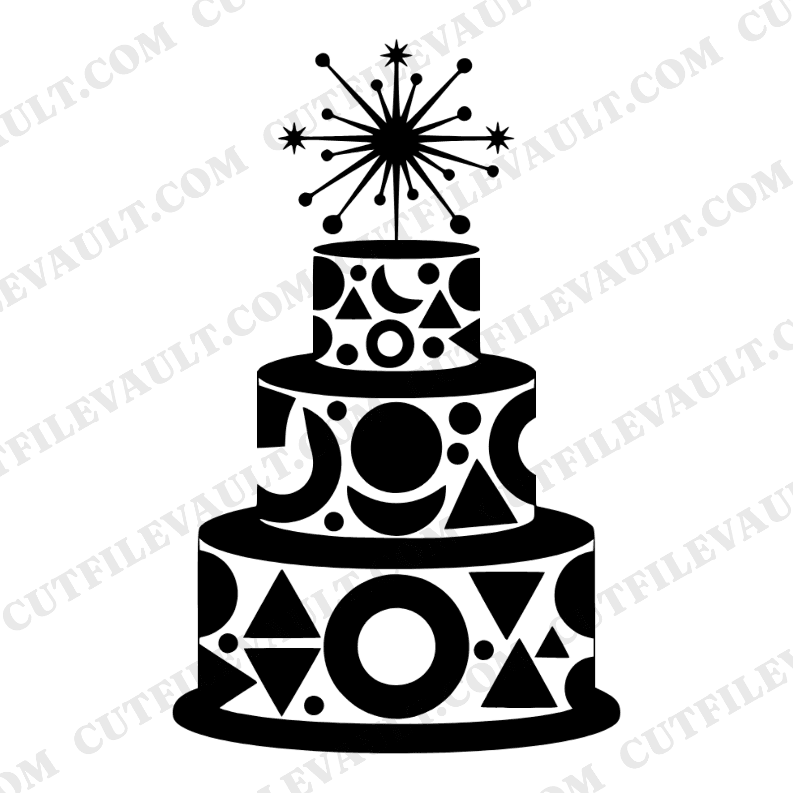 Mid Century Modern Cake SVG PNG, Retro Three Tier Wedding Cake Cut File, Atomic Starburst Topper — view 1