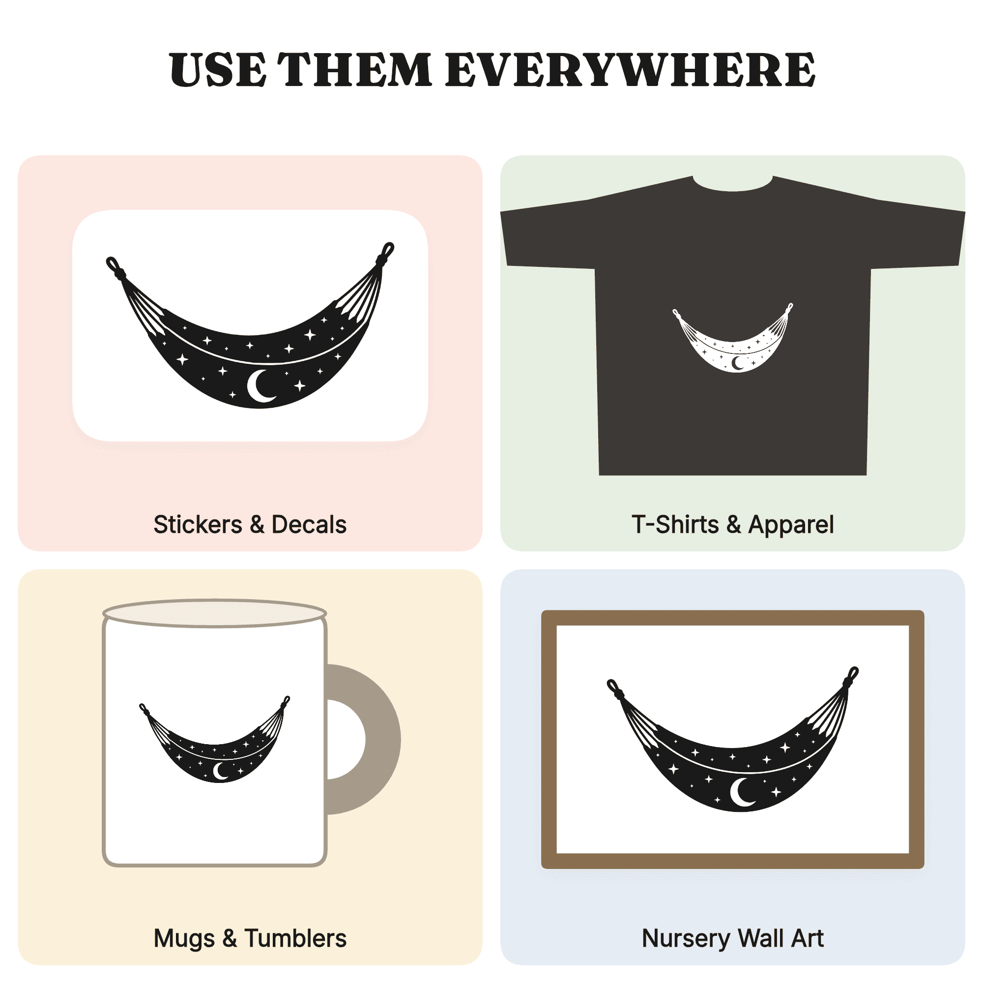 Celestial Hammock SVG PNG, Crescent Moon Stars Cut File, Mystical Labor Day Relaxation Design — view 3
