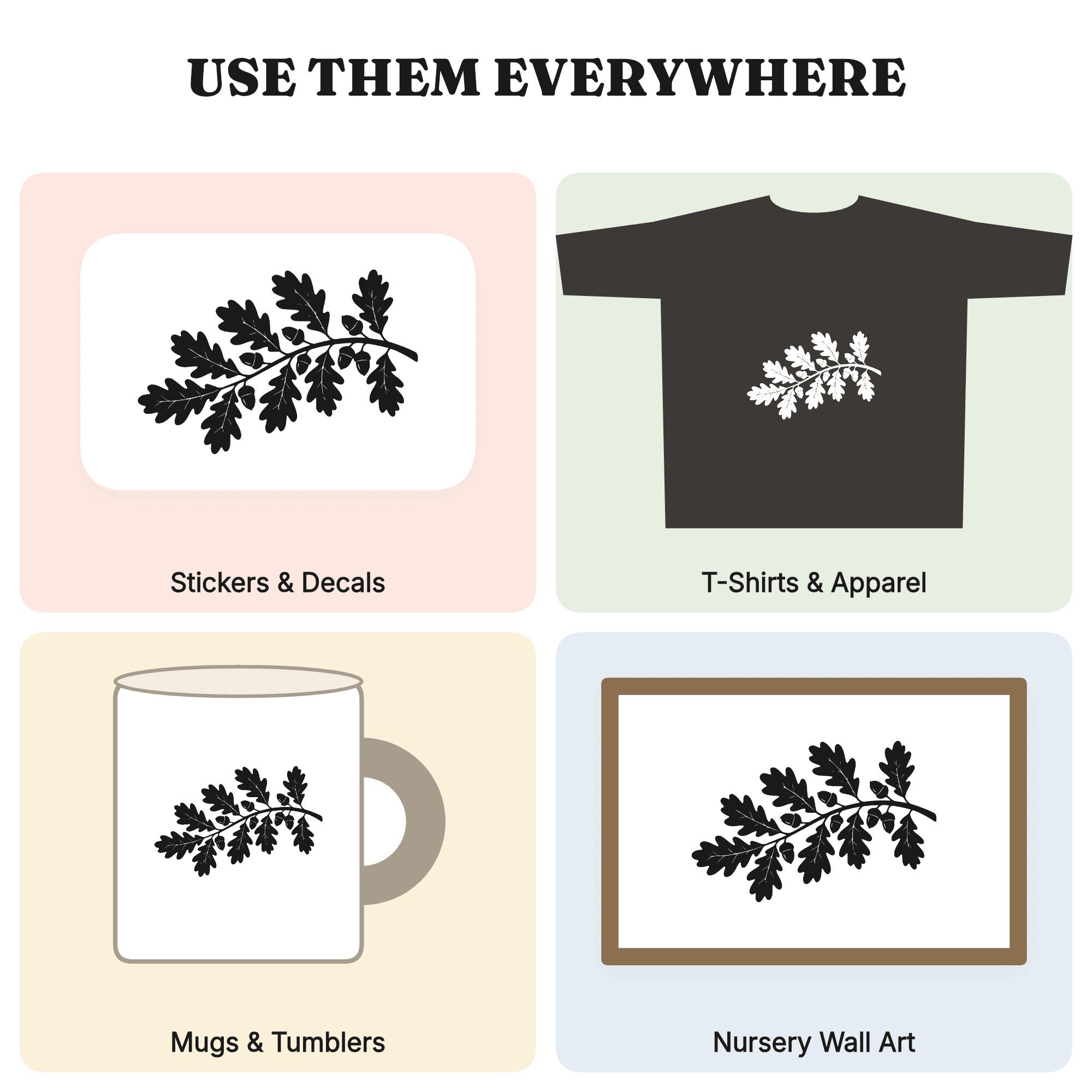Autumn Oak Branch with Acorns SVG PNG, Fall Botanical Silhouette Cut File, Scandinavian Line Art — view 3