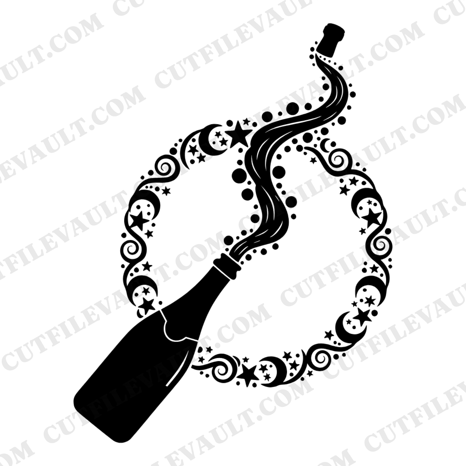 Celestial Champagne Toast Wedding SVG PNG, Mystical Bottle Silhouette with Moons and Stars Emblem — view 1