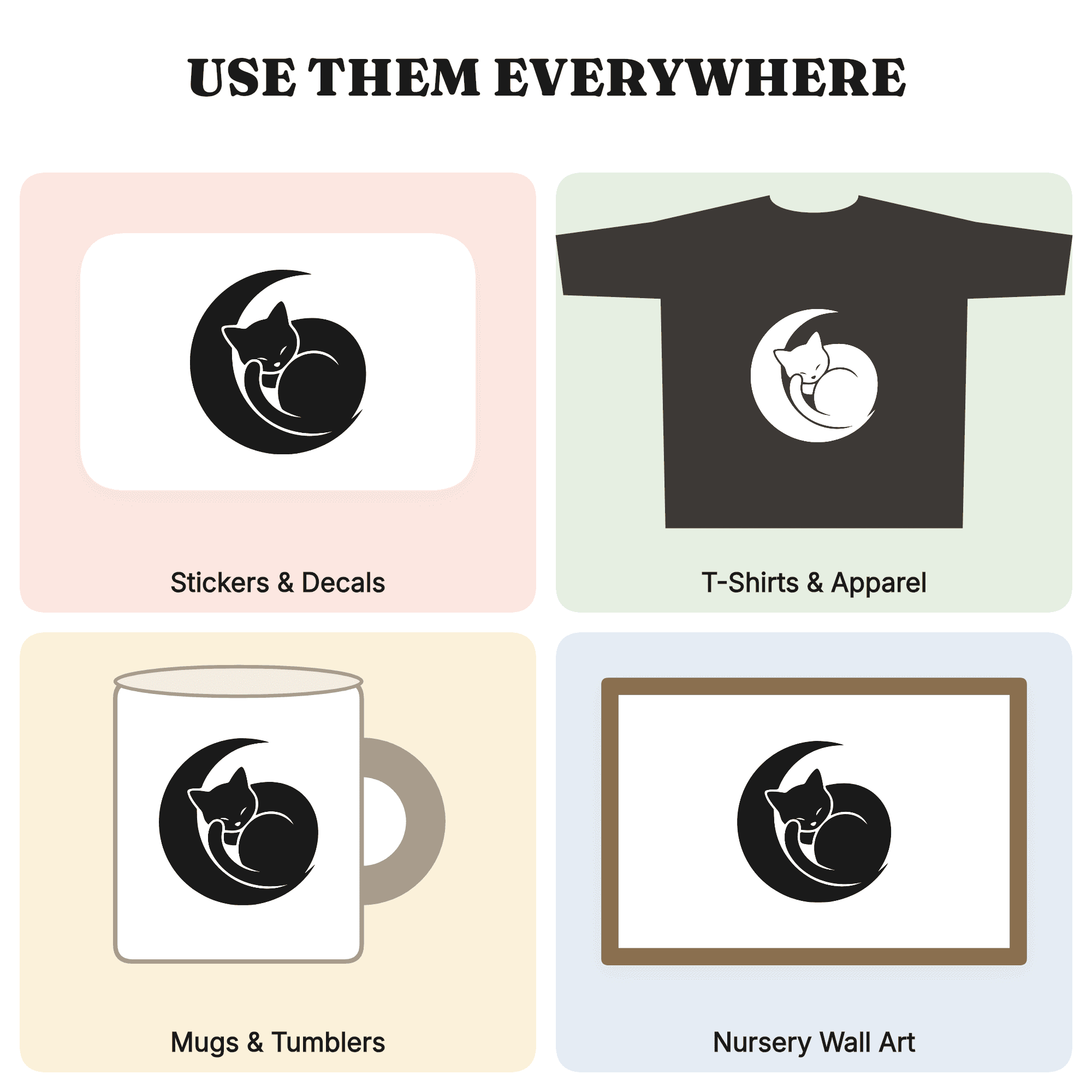 Crescent Moon Sleeping Cat SVG PNG, Black Cat Day Silhouette, Boho Celestial Halloween Cut File — view 3