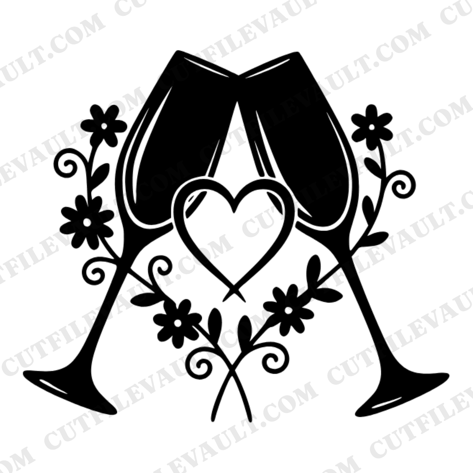 Floral Heart Champagne Flutes SVG PNG Wedding Silhouette Cut File Cottagecore Bridal Shower — view 1