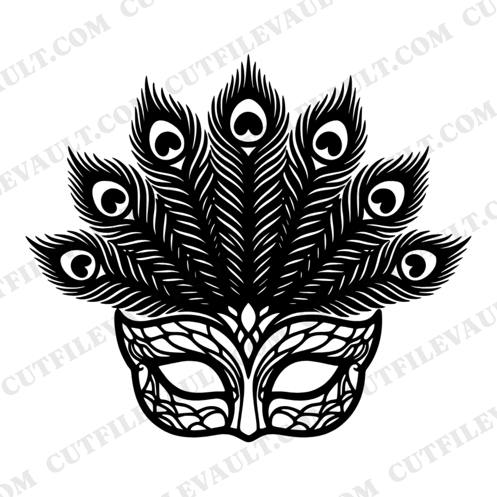 Peacock Feather Masquerade Mask SVG PNG, Elegant Symmetrical Silhouette Cut File for Cricut — view 1