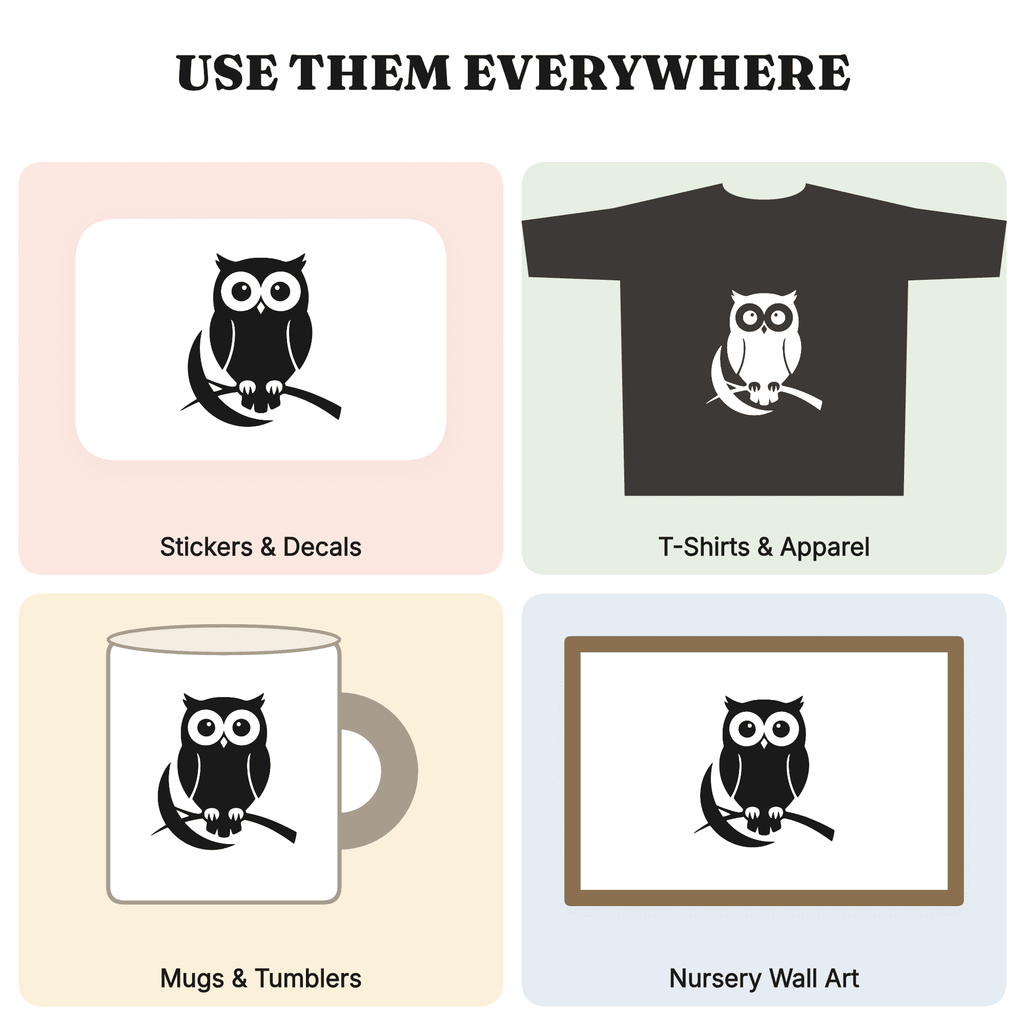 Wide Eyed Owl on Crescent Moon SVG PNG Cut File, Scandinavian Line Art, Halloween Nursery Decor — view 3