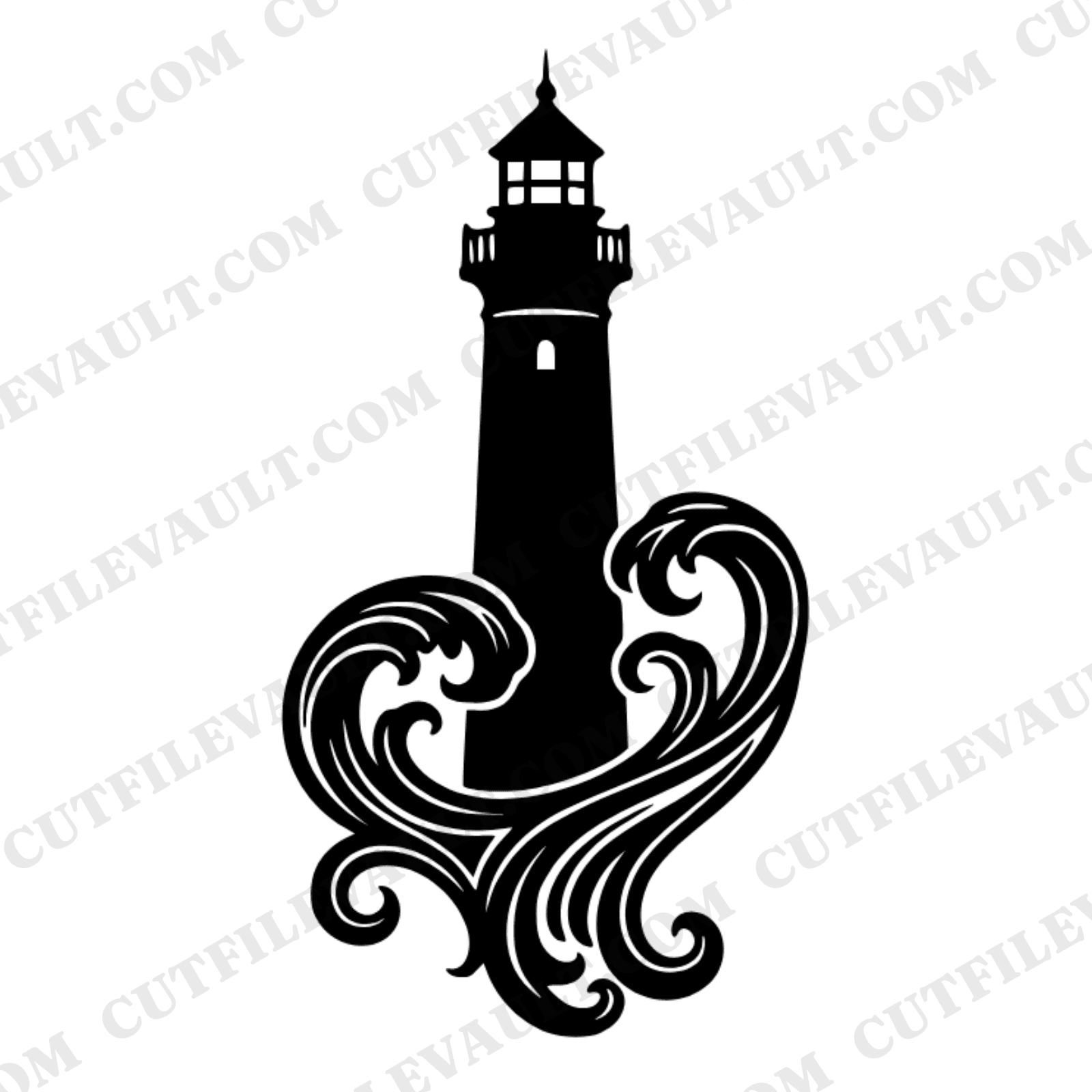 Art Nouveau Lighthouse SVG PNG, Flowing Waves Cut File, Vintage Botanical Nautical Design — view 1