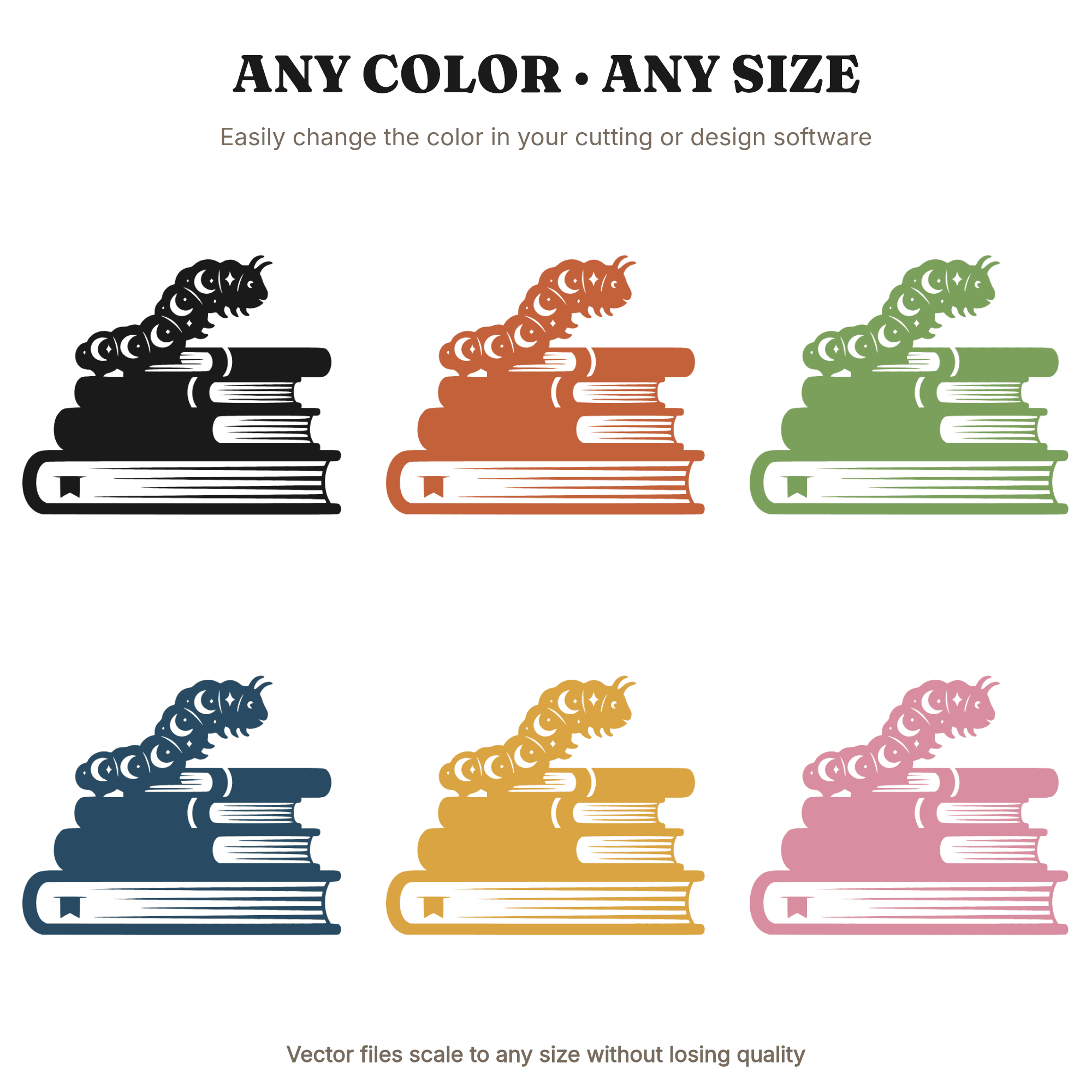 Celestial Bookworm Caterpillar SVG PNG, Mystical Book Stack Cut File, Back to School Design — view 2