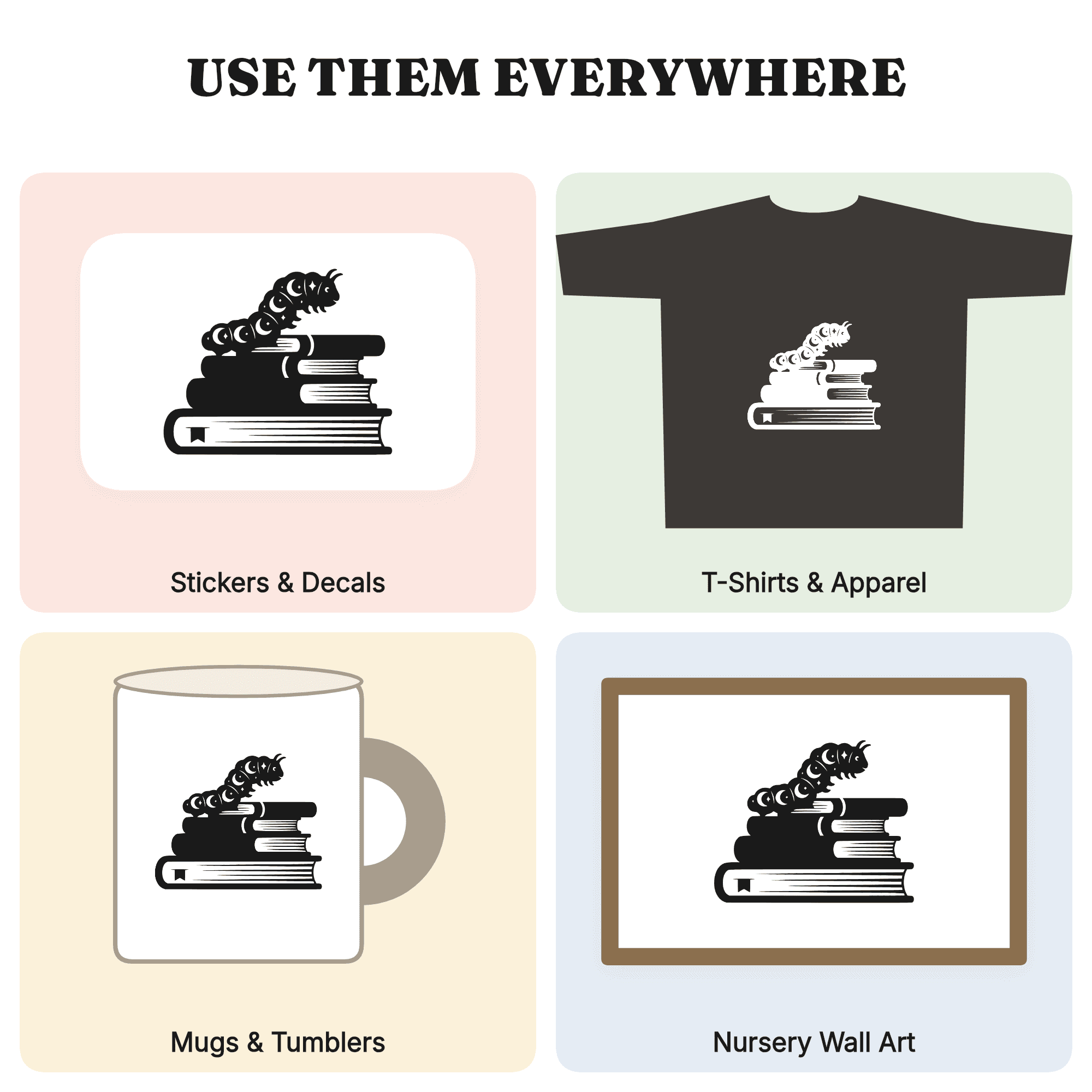 Celestial Bookworm Caterpillar SVG PNG, Mystical Book Stack Cut File, Back to School Design — view 3