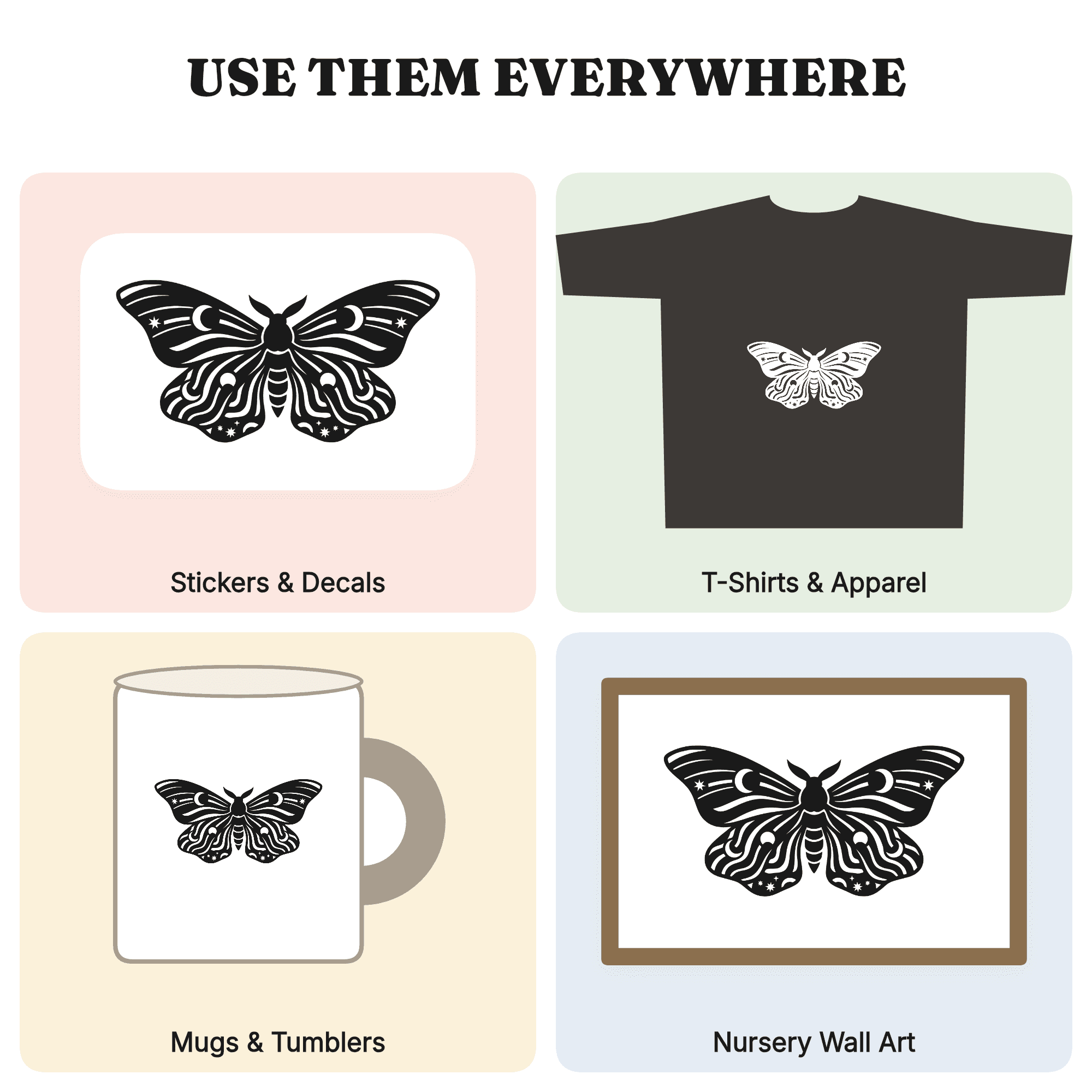 Celestial Virgo Moth SVG PNG, Retro 70s Mystical Butterfly Specimen Silhouette Cut File Design — view 3