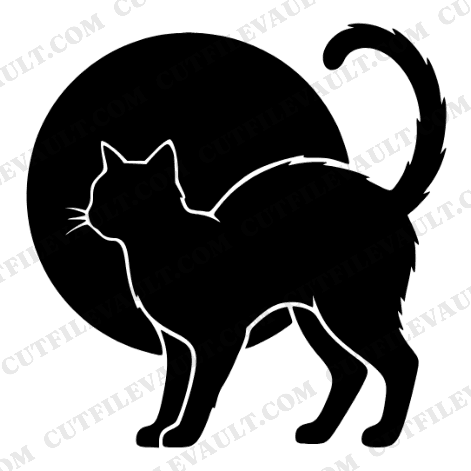 Arched Cat Against Full Moon SVG PNG, Halloween Black Cat Silhouette Cut File, Spooky Scaredy Cat — view 1