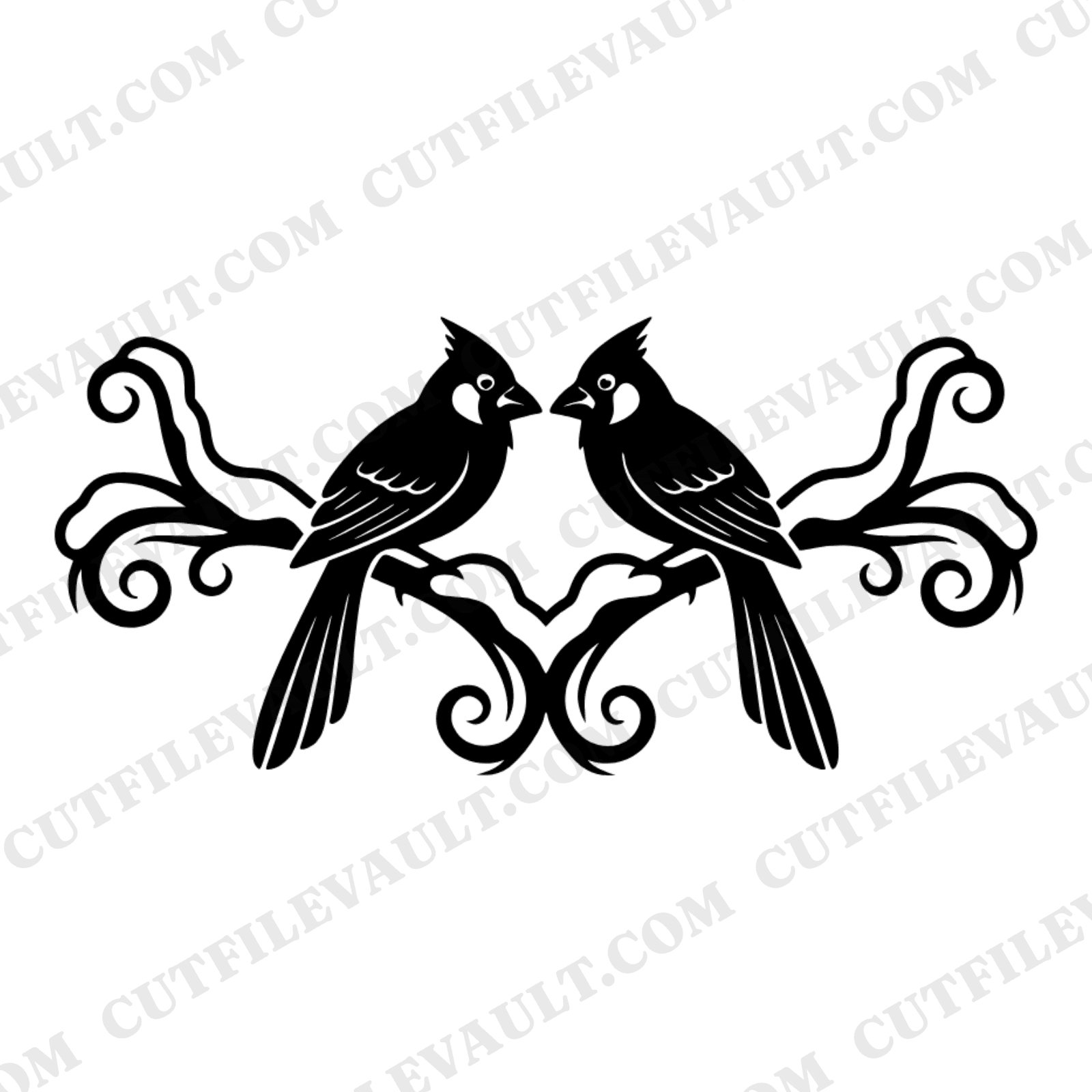 Lovebirds Cardinals Heart SVG PNG, Retro 70s Christmas Cut File, Snowy Branch Silhouette Design — view 1