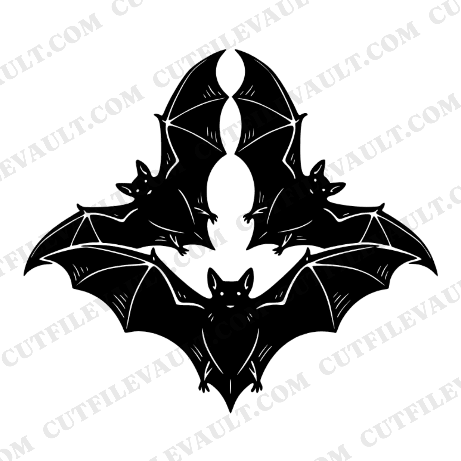 Three Bats Rising Moon Formation SVG PNG, Celestial Halloween Bat Cut File, Mystical Flying Bats — view 1