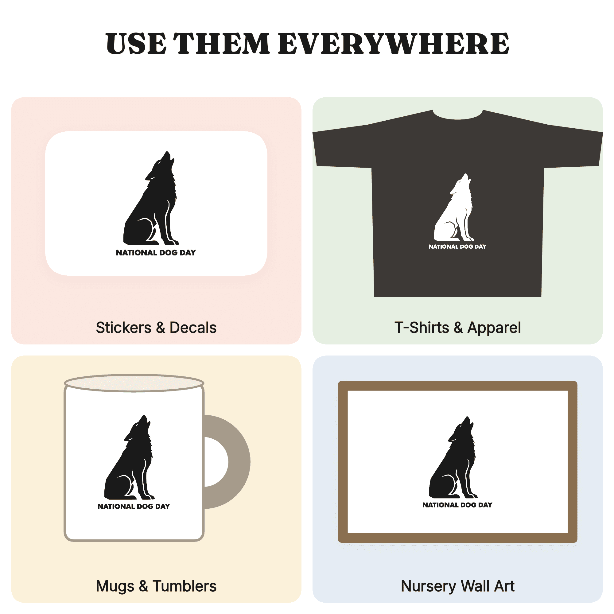 Howling Wolf Silhouette SVG PNG, National Dog Day Wolf Cut File, Modern Brutalist Canine Design — view 3