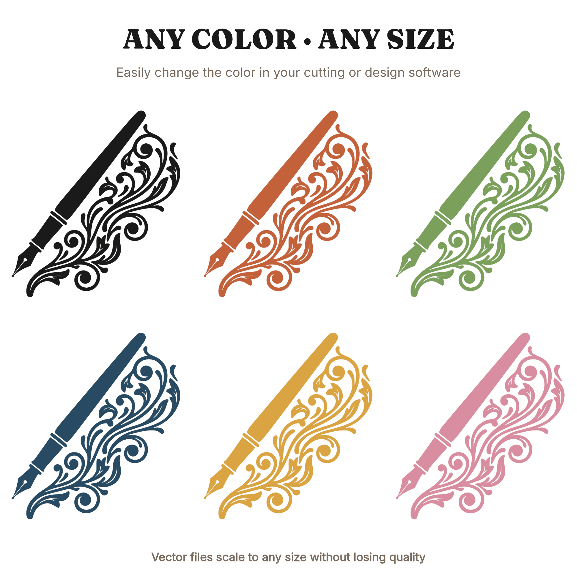 Vintage Fountain Pen SVG PNG Art Nouveau Flourish Cut File Back to School Office Decor Line Art — view 2
