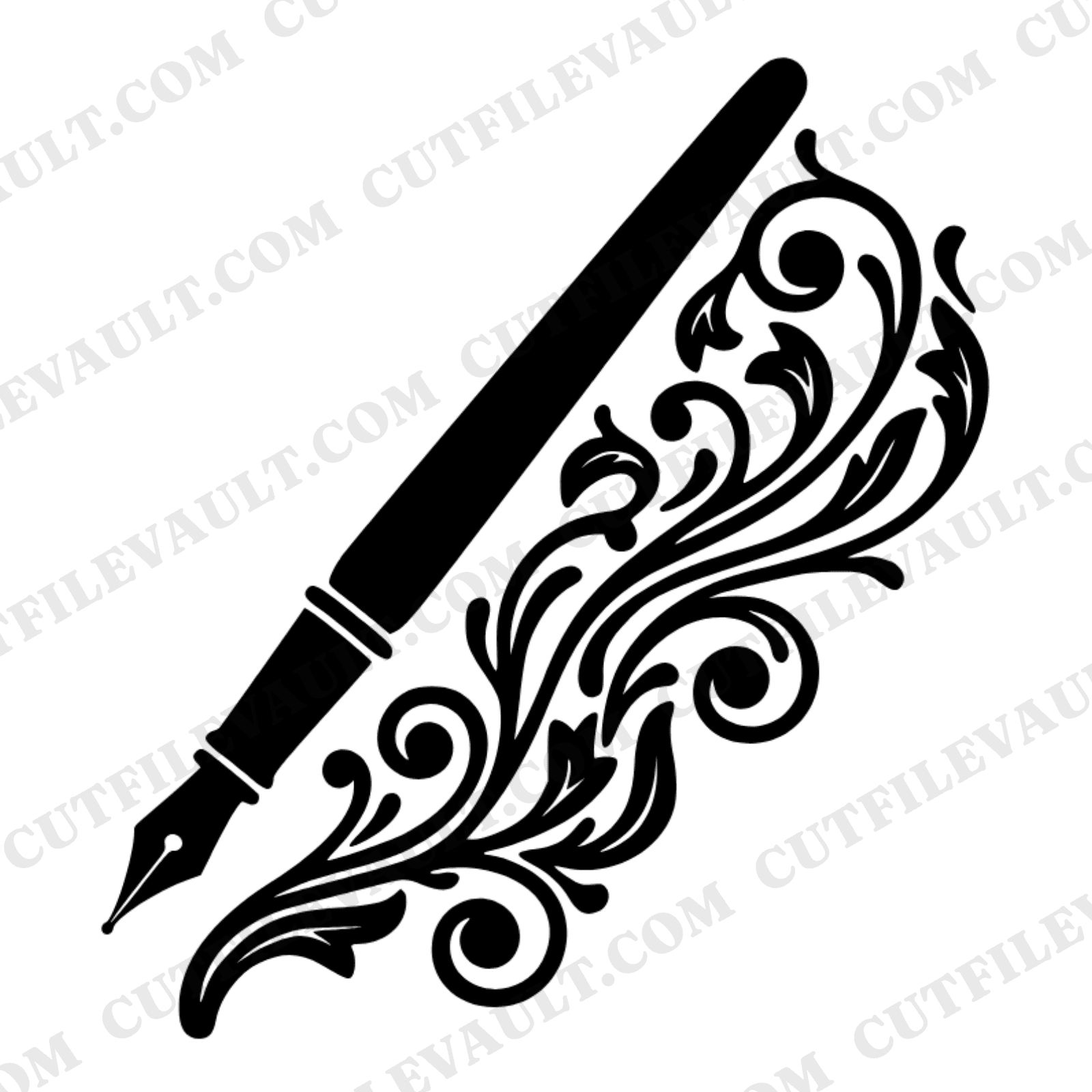 Vintage Fountain Pen SVG PNG Art Nouveau Flourish Cut File Back to School Office Decor Line Art — view 1