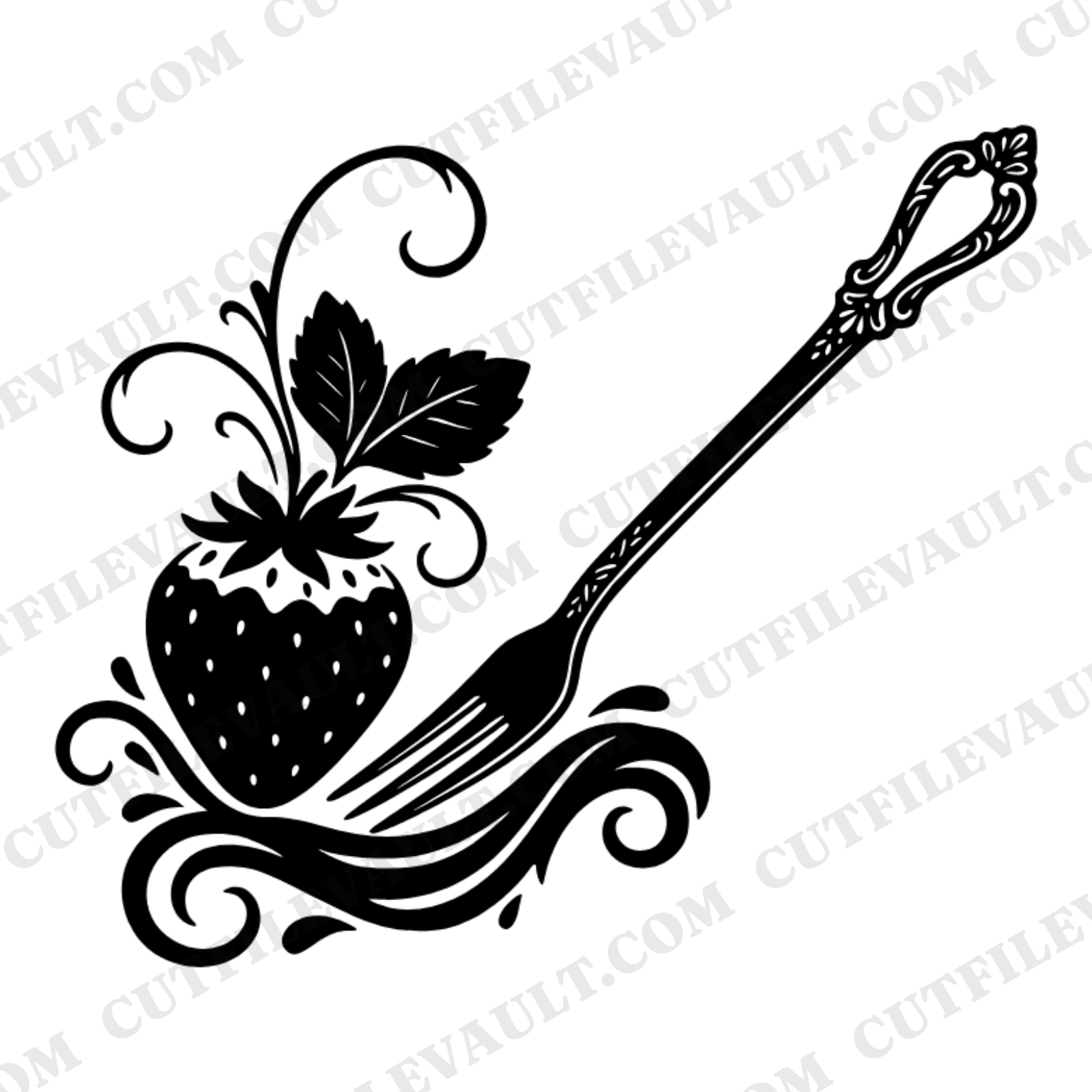 Chocolate Dipped Strawberry Fork SVG PNG Valentine Dessert Table Sign Vintage Romantic Cut File — view 1