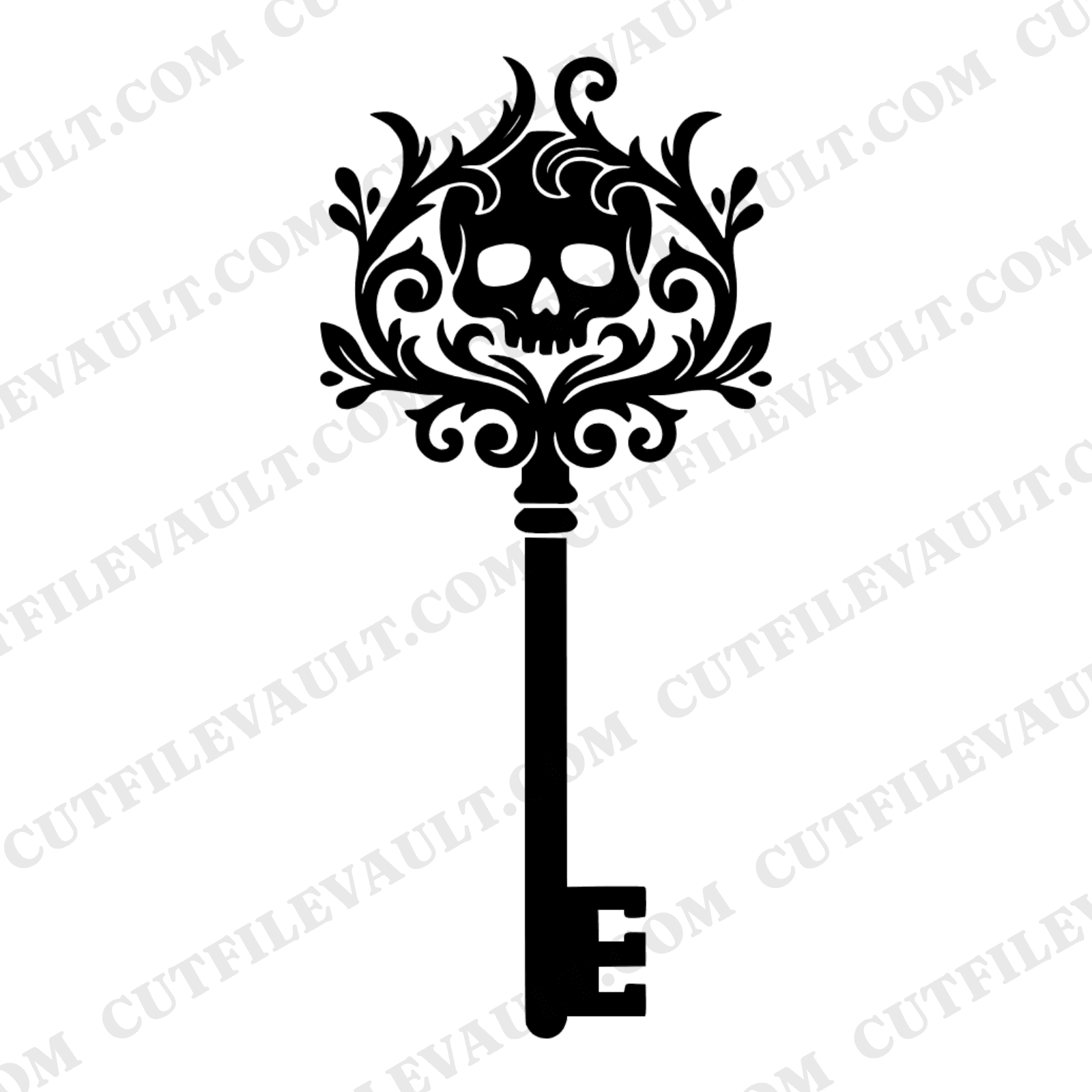 Vintage Skeleton Key SVG PNG, Halloween Skull Bow Silhouette, Gothic Monogram Cut File Design — view 1