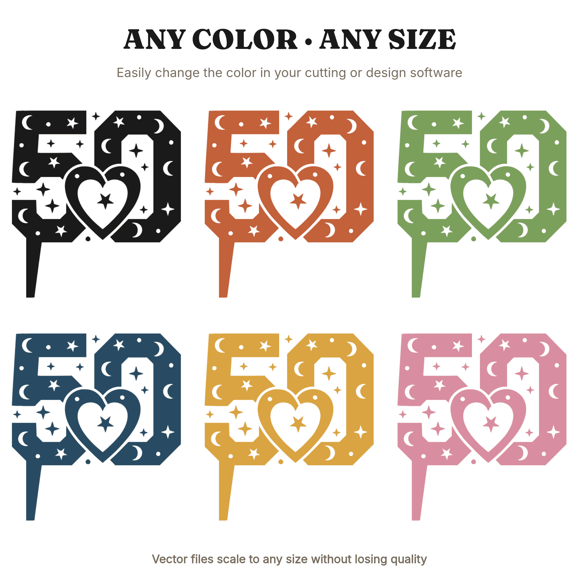 Celestial Number 50 Cake Topper SVG PNG, Golden Anniversary Hearts, Grandparents Day Cut File — view 2