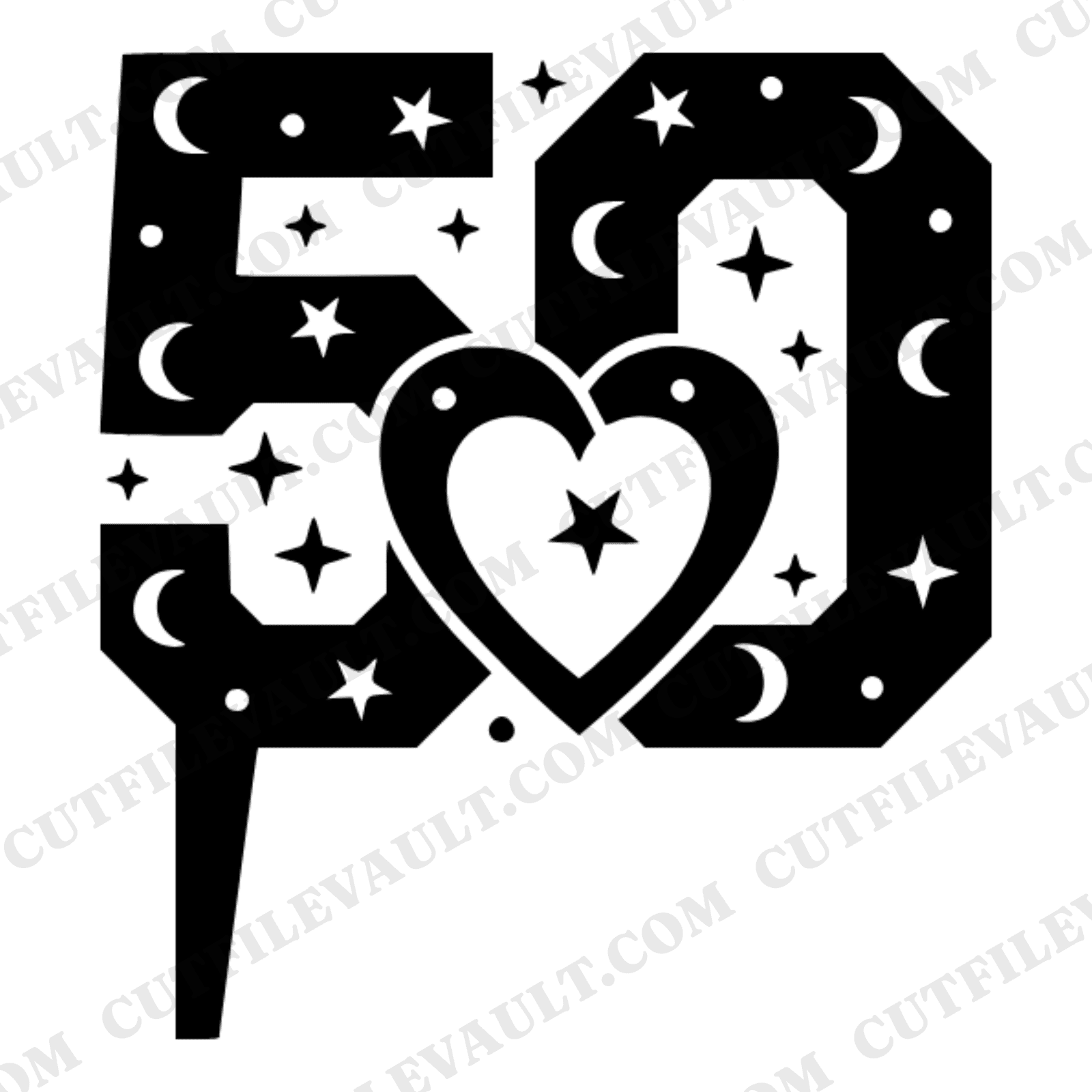 Celestial Number 50 Cake Topper SVG PNG, Golden Anniversary Hearts, Grandparents Day Cut File — view 1