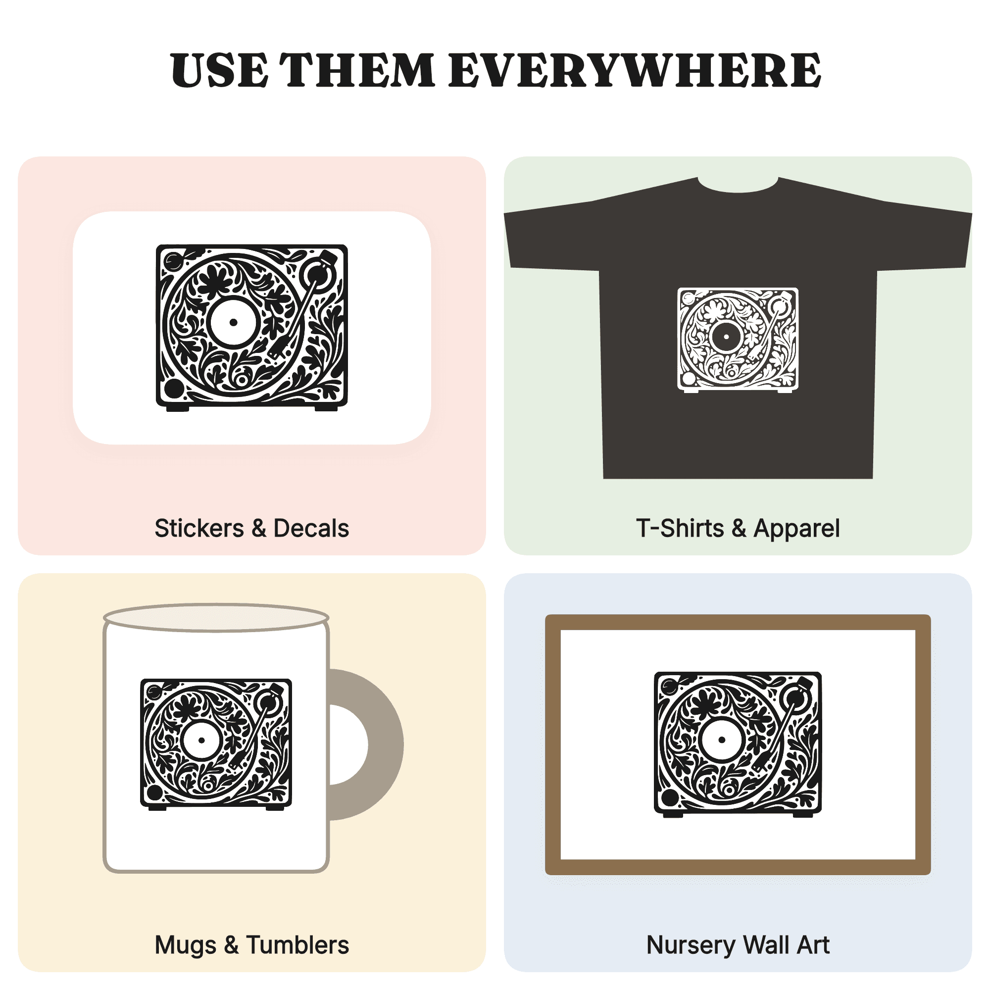 Groovy Autumn Turntable SVG PNG, Retro Record Player with Fall Leaves, Vintage Botanical Cut File — view 3