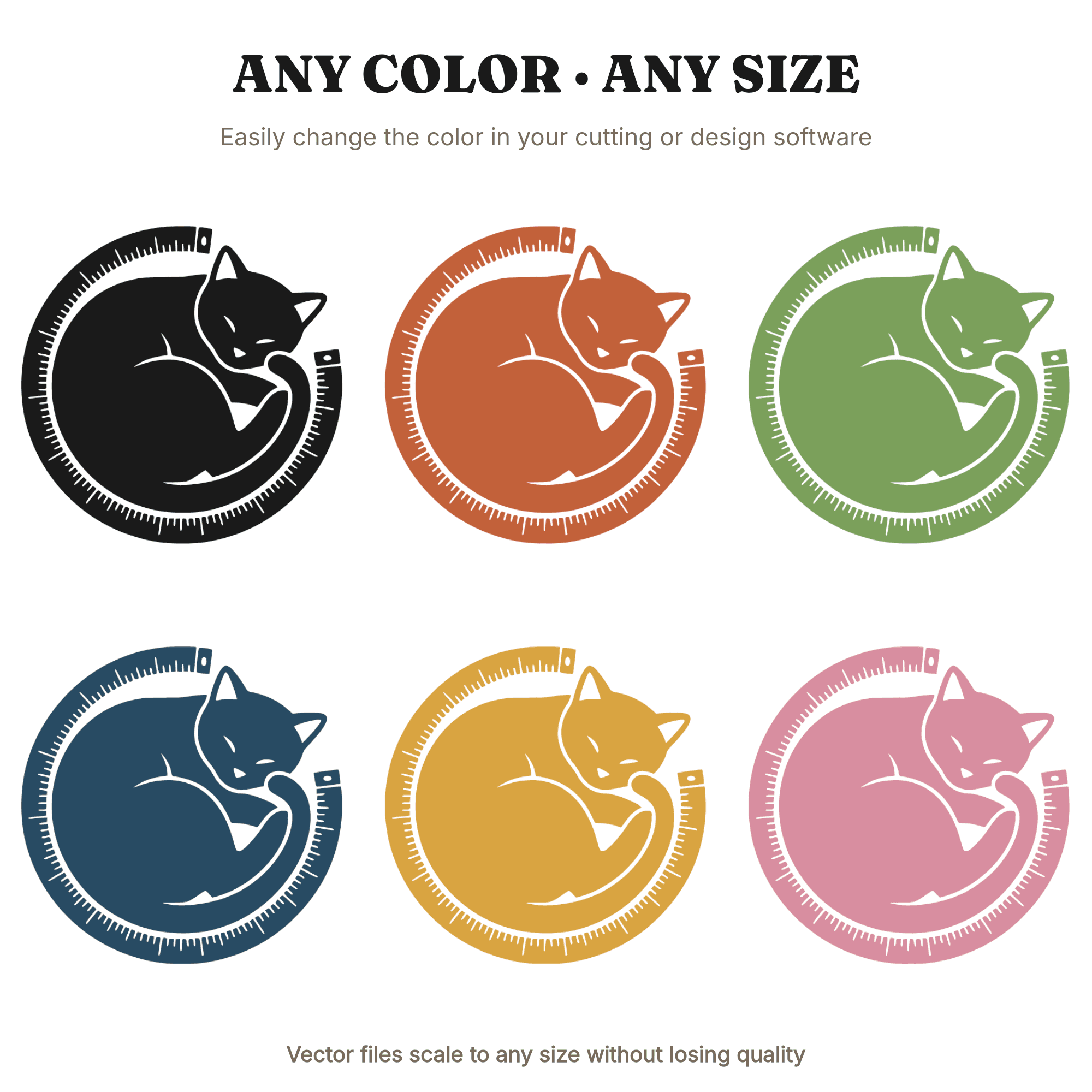 Curled Cat in Measuring Tape SVG PNG, International Cat Day, Crafting Cat Line Art Cut File — view 2