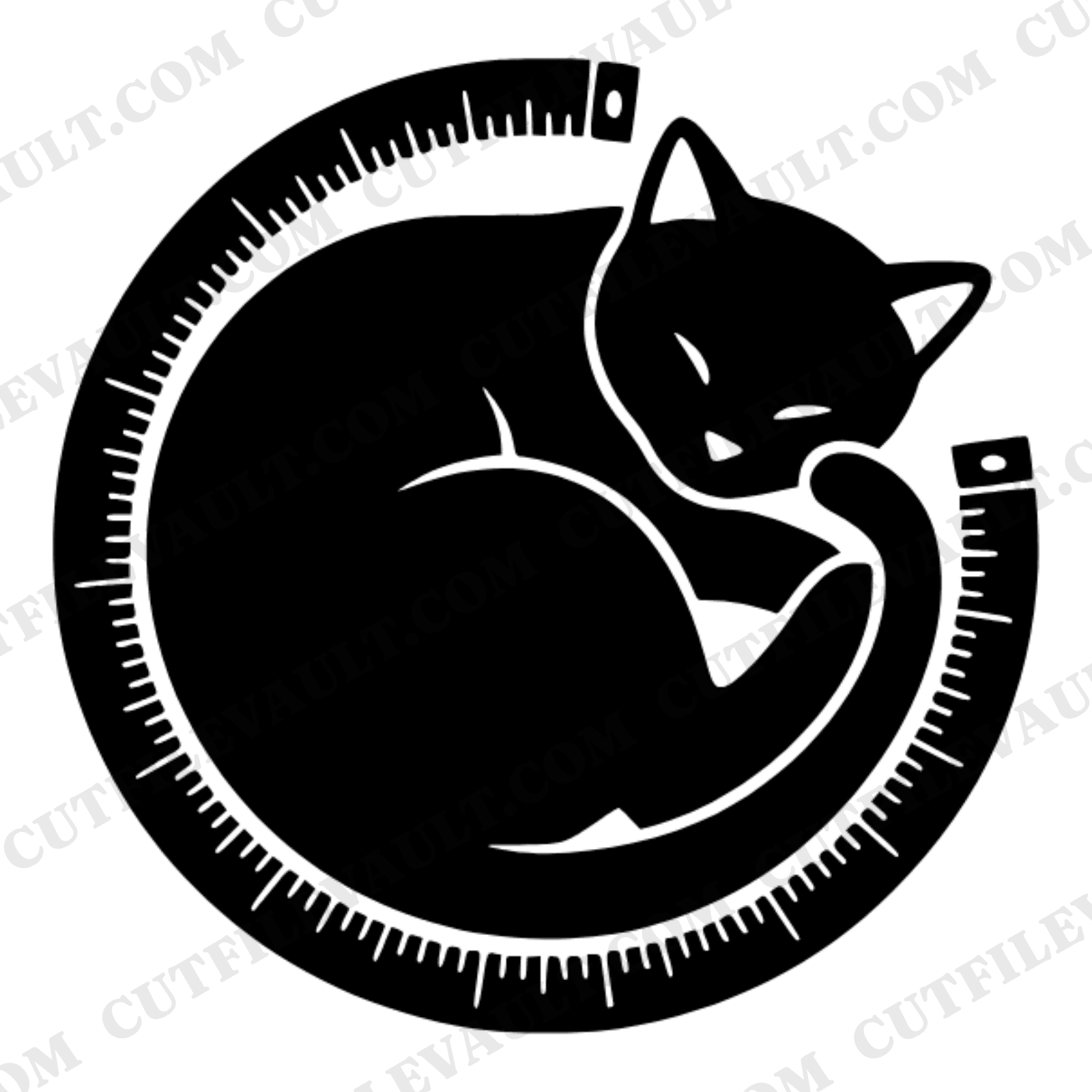 Curled Cat in Measuring Tape SVG PNG, International Cat Day, Crafting Cat Line Art Cut File — view 1