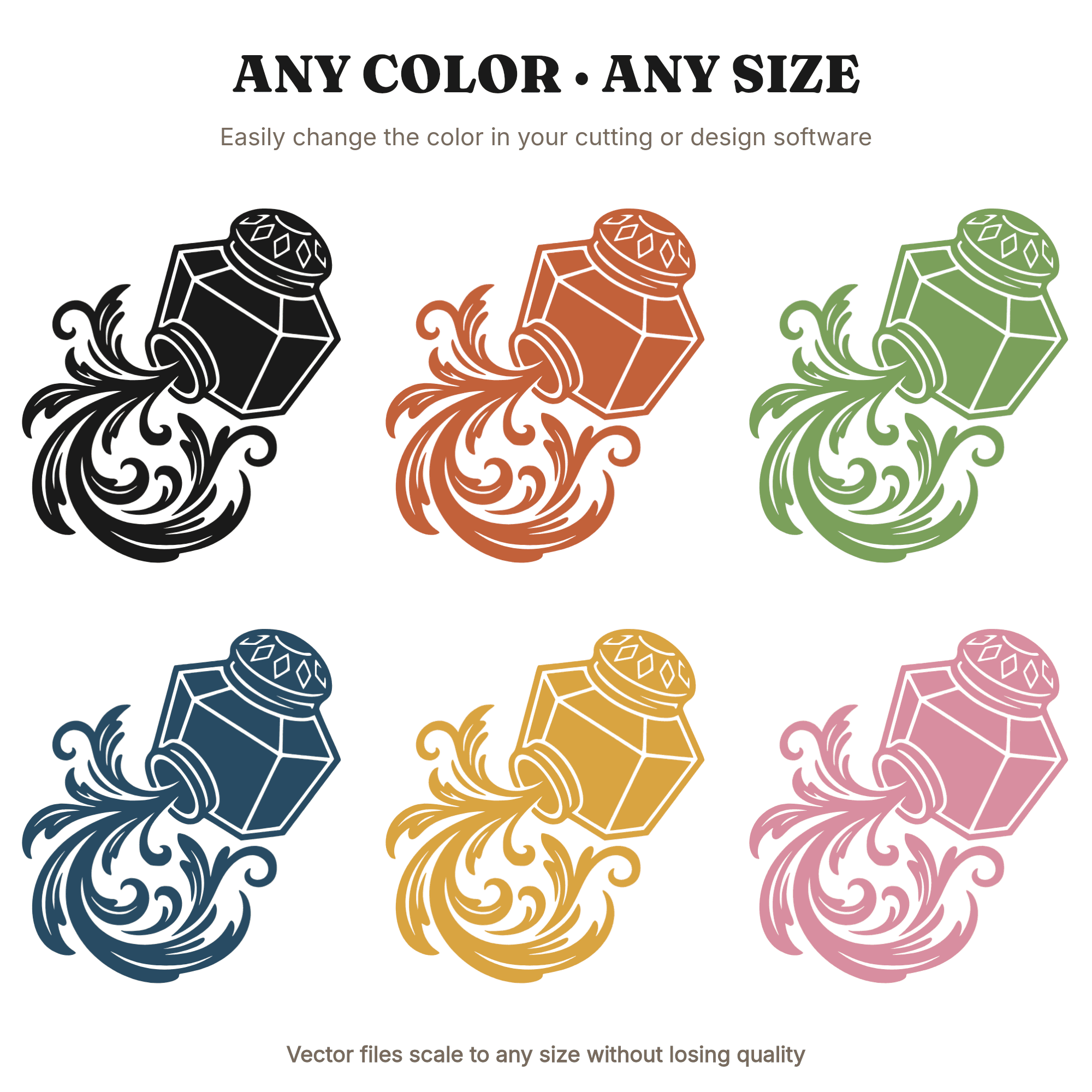 Art Deco Inkwell SVG PNG, Vintage Ink Bottle with Botanical Swirls, Home Office Decor Cut File — view 2