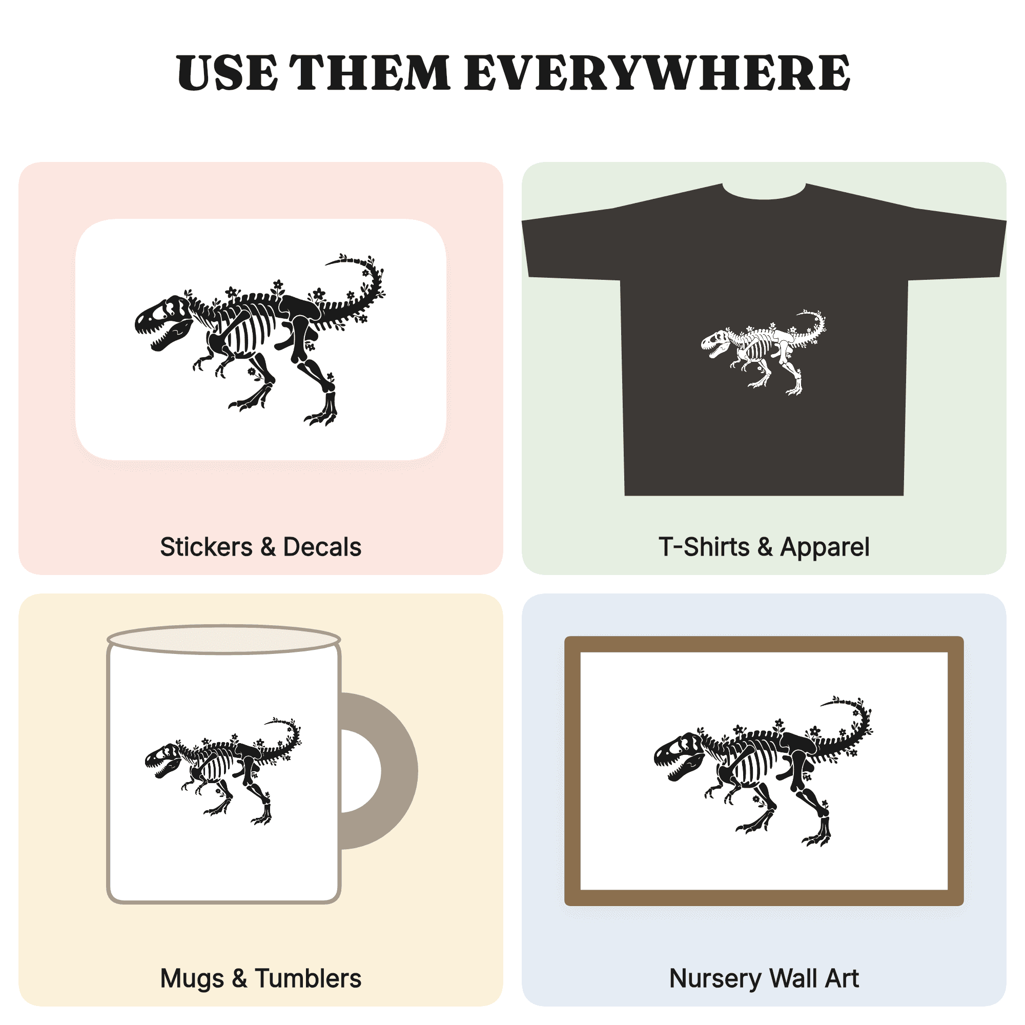 Floral T-Rex Skeleton SVG PNG, Cottagecore Dinosaur Stomp Cut File, Halloween Kids Birthday Decor — view 3