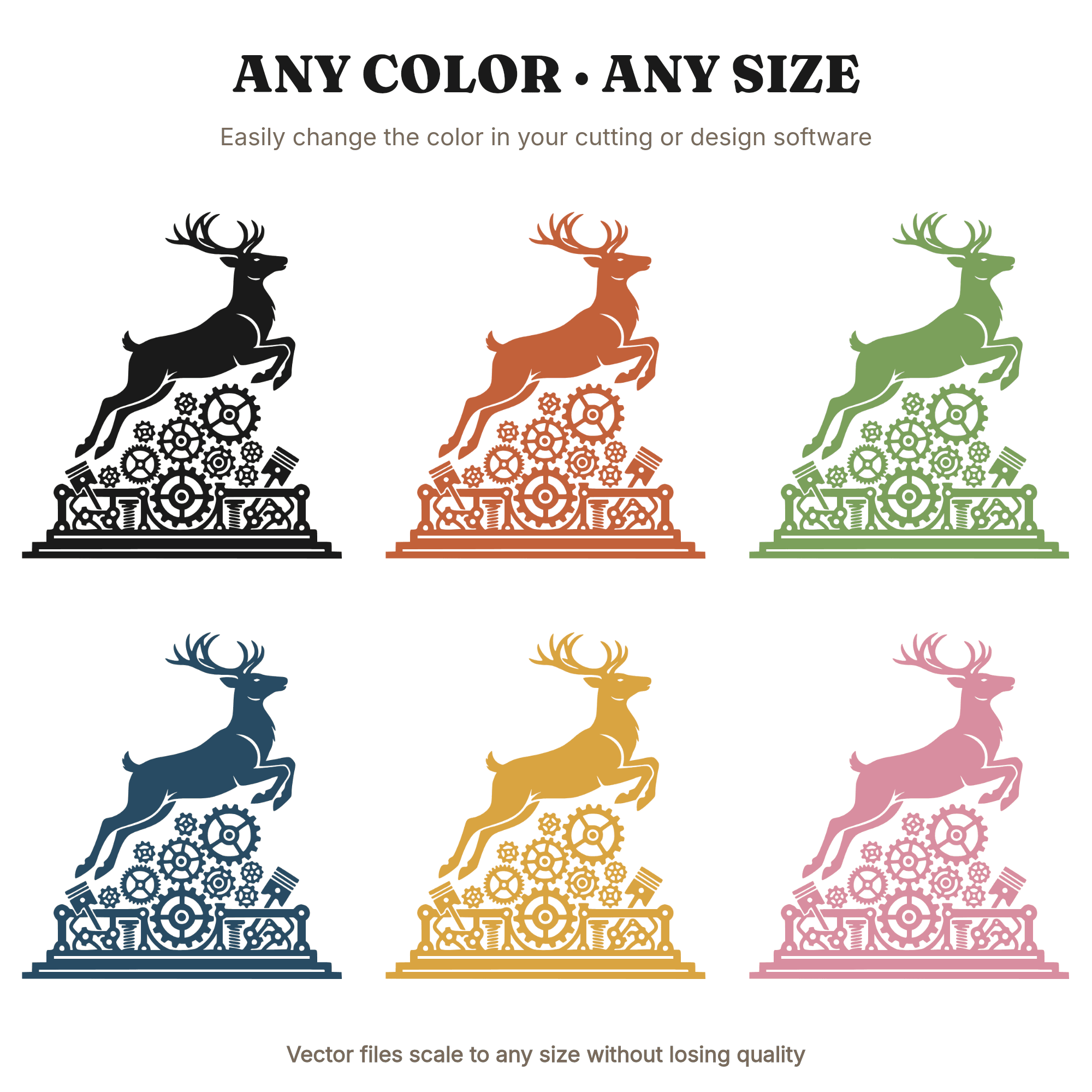 Reindeer Leaping Over Steampunk Gears SVG PNG Christmas Silhouette Cut File Industrial Holiday — view 2