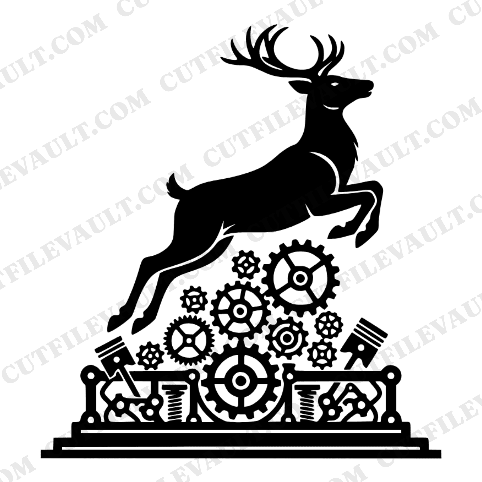 Reindeer Leaping Over Steampunk Gears SVG PNG Christmas Silhouette Cut File Industrial Holiday — view 1