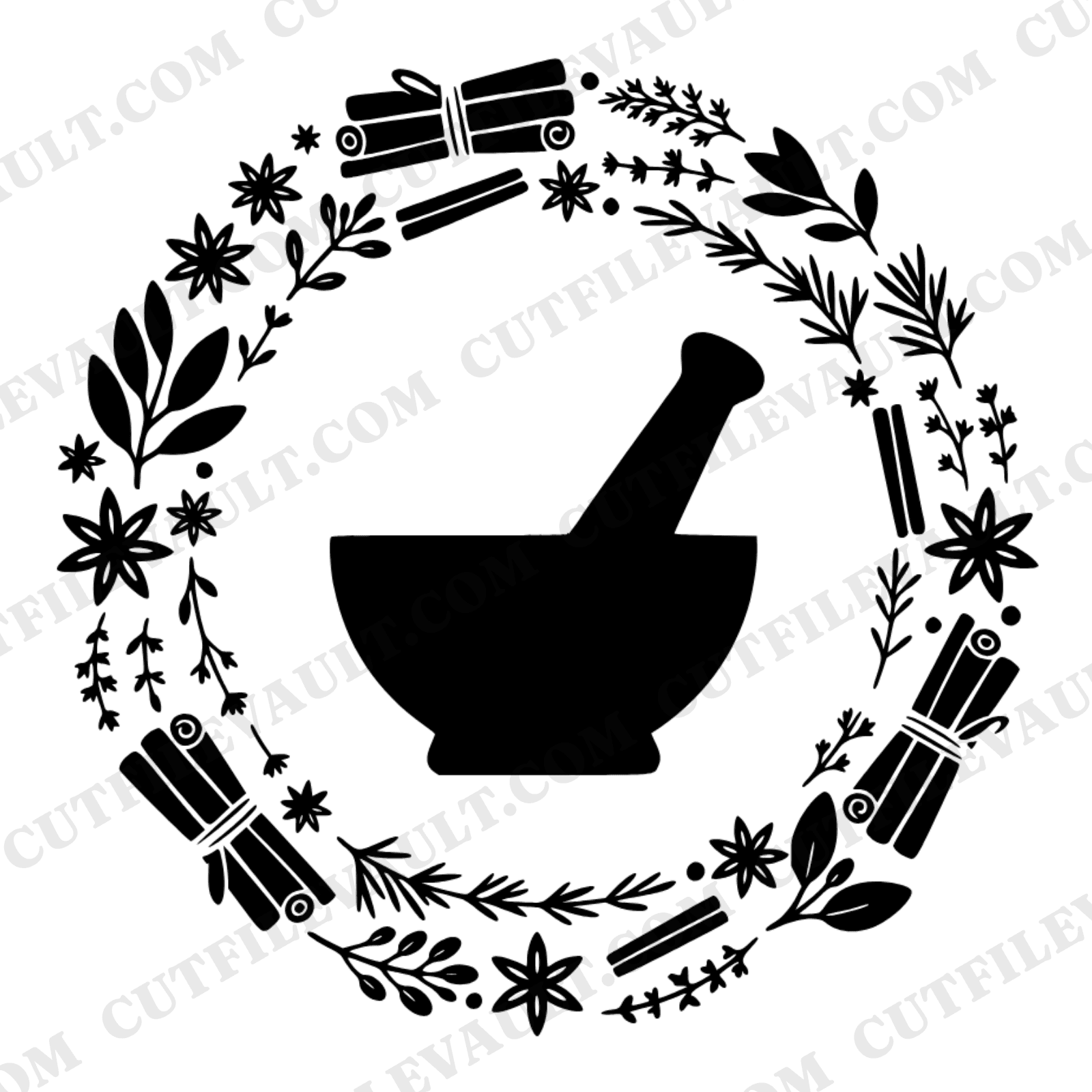 Kitchen Witch Mortar Pestle SVG, Herb Wreath with Spices PNG, Autumn Farmhouse Cut File, view 1