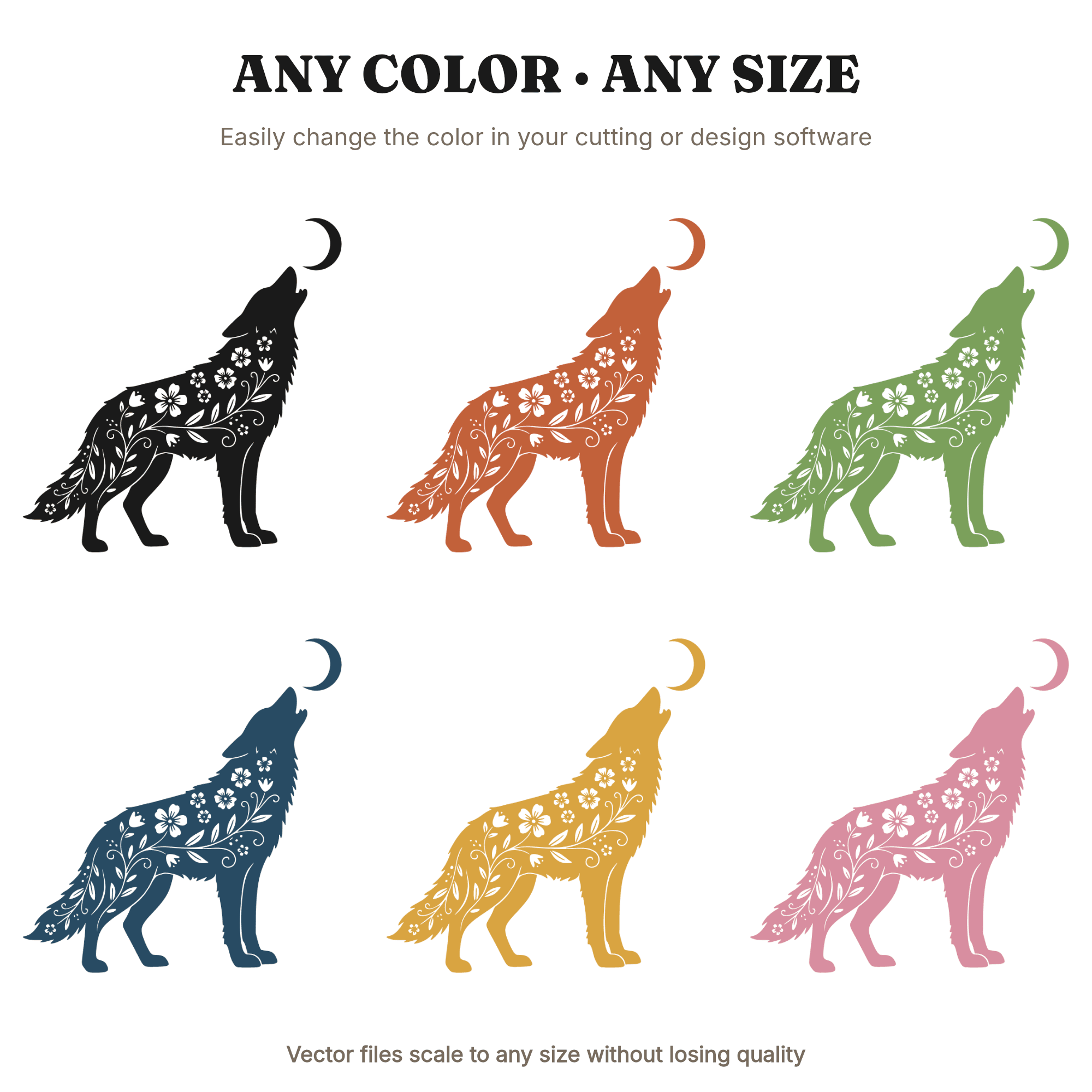 Howling Wolf SVG, Crescent Moon Wildflower Wolf PNG, Cottagecore Floral Wolf Cut File, view 2