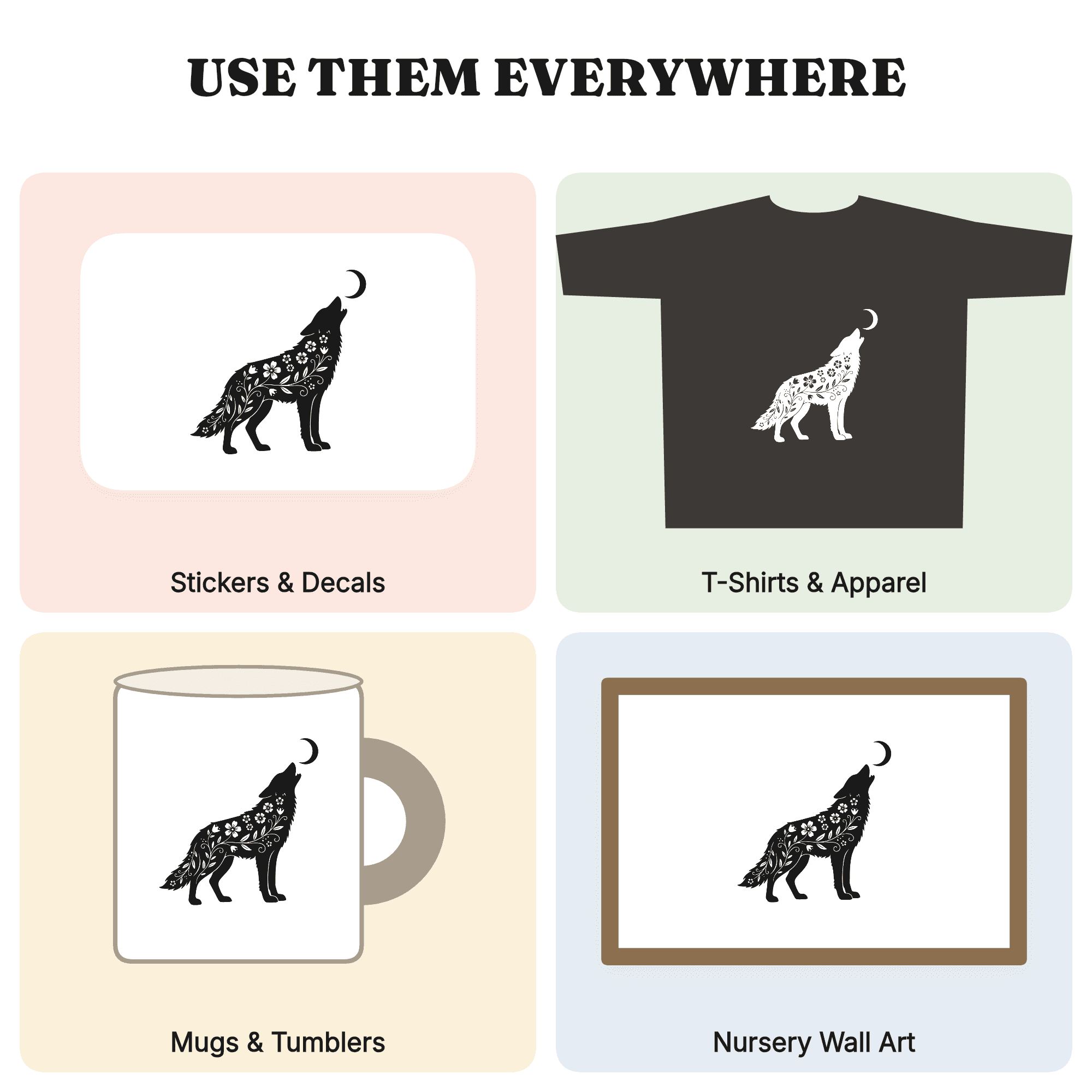 Howling Wolf SVG, Crescent Moon Wildflower Wolf PNG, Cottagecore Floral Wolf Cut File, view 3