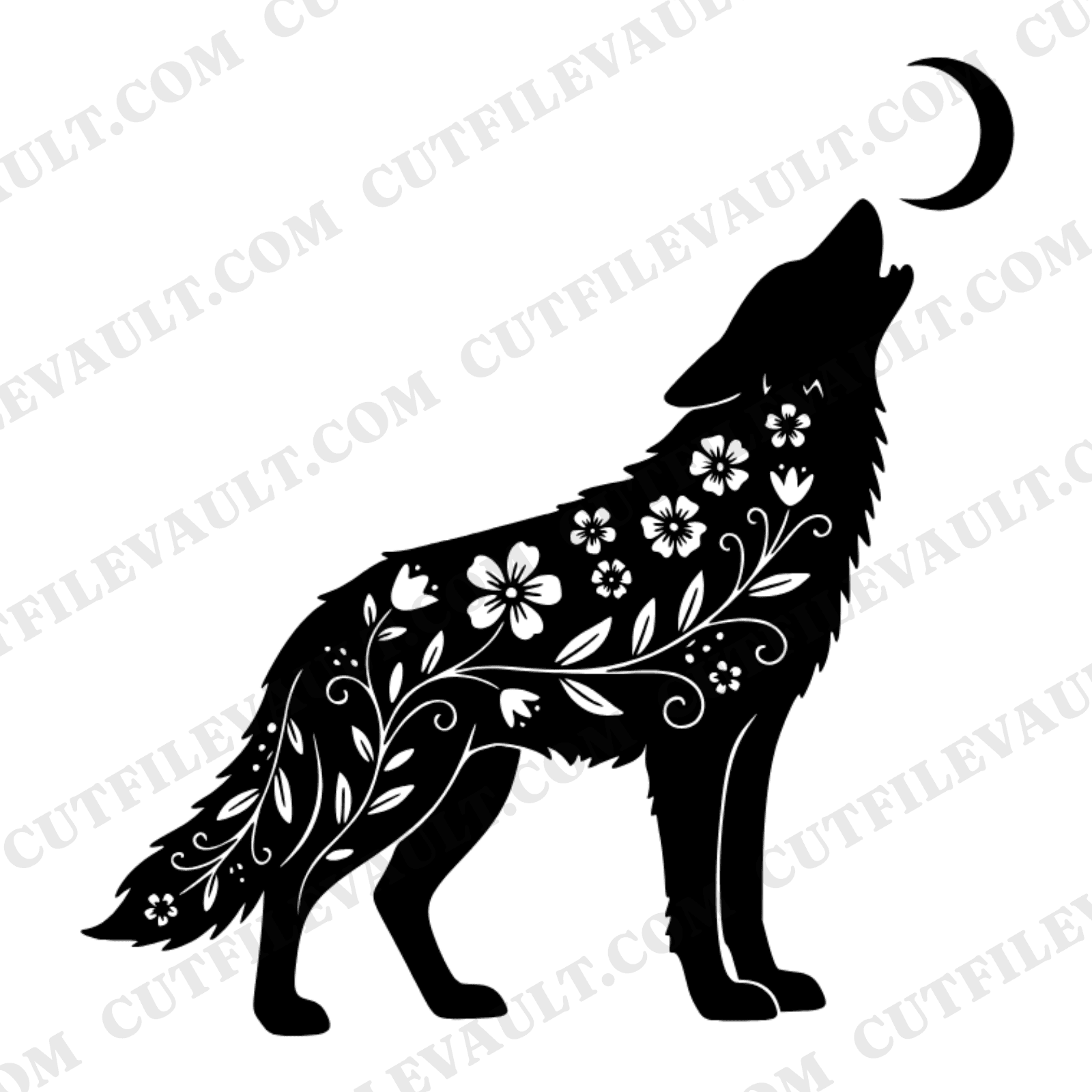 Howling Wolf SVG, Crescent Moon Wildflower Wolf PNG, Cottagecore Floral Wolf Cut File, view 1