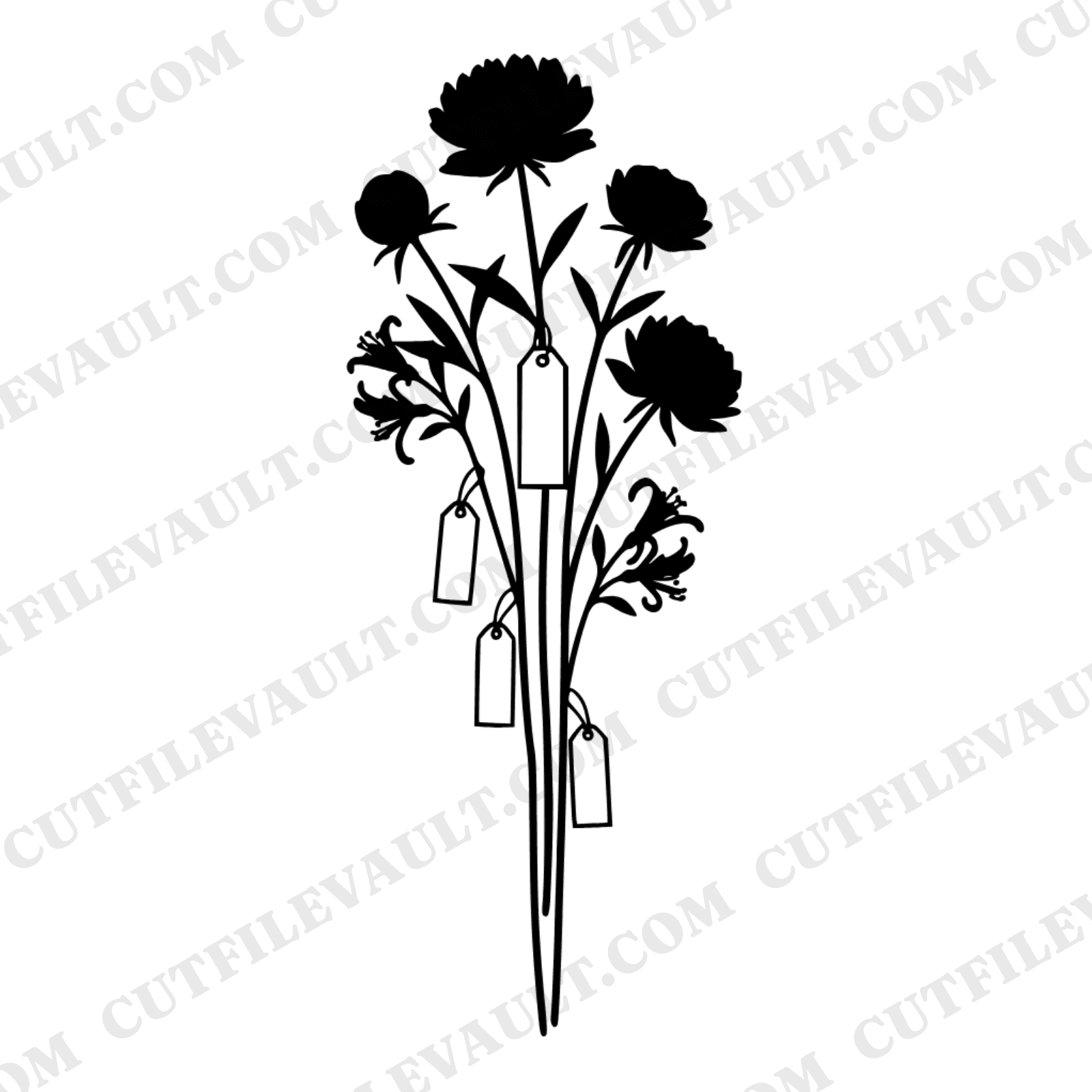 Herbarium Botanical Wedding Cake Topper SVG PNG, Peony Rose Honeysuckle Floral Arrangement Cut File, view 1