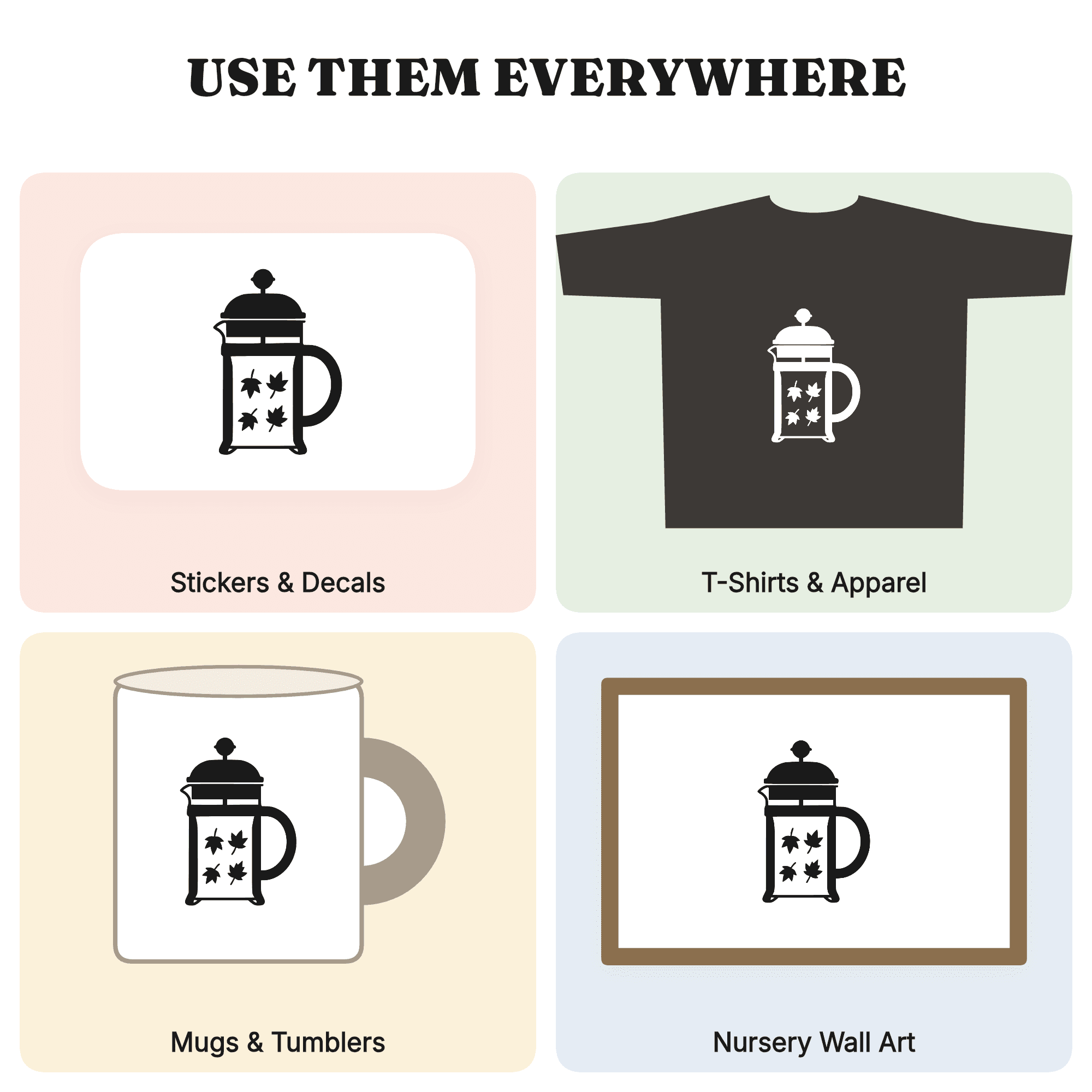 French Press Autumn Leaves Coffee SVG PNG, Mid Century Fall Coffee Silhouette Cut File, view 3