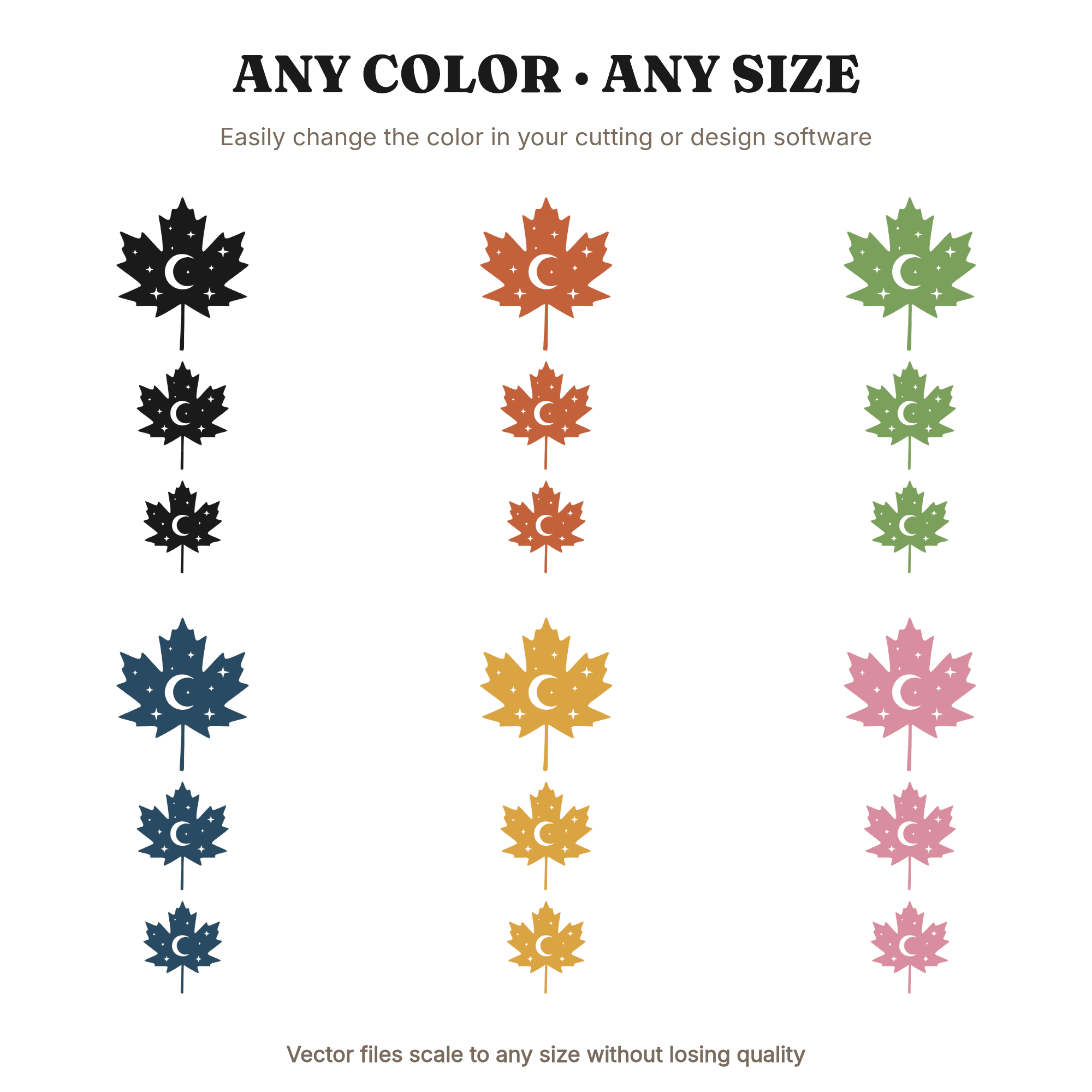 Celestial Maple Leaf Trio SVG PNG, Autumn Herbarium Specimen, Moon Phases Cut File, Fall Wall Art, view 2