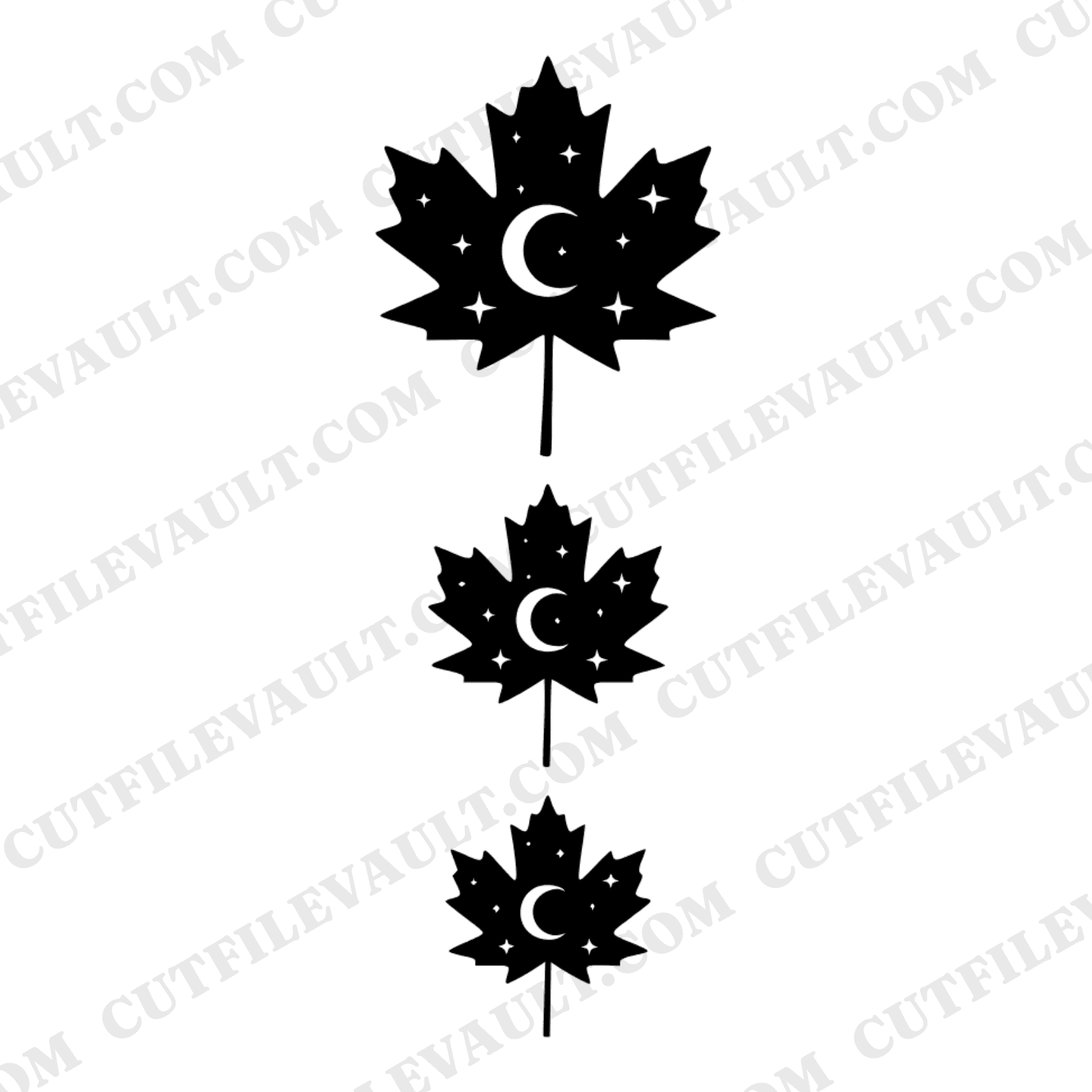 Celestial Maple Leaf Trio SVG PNG, Autumn Herbarium Specimen, Moon Phases Cut File, Fall Wall Art, view 1