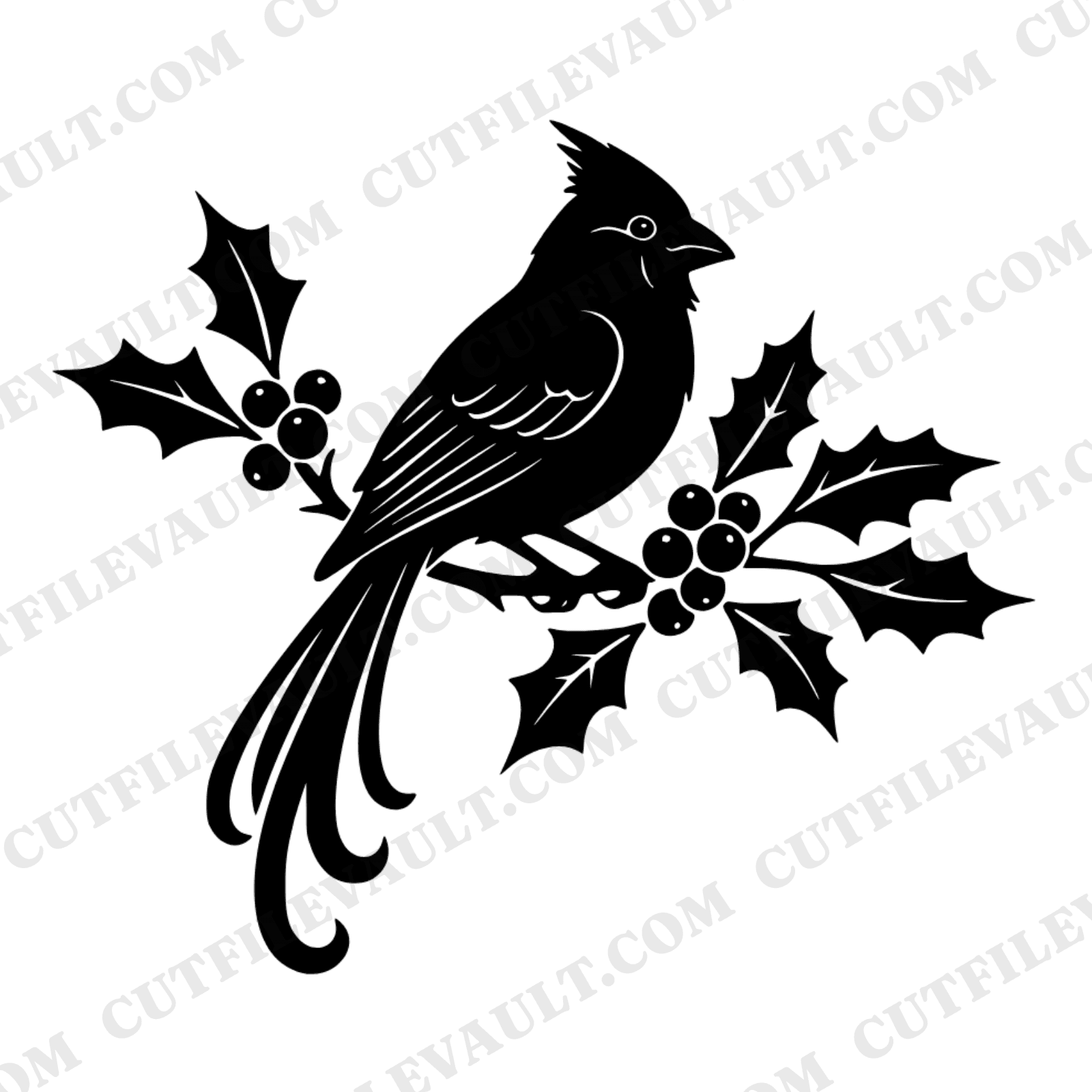 Christmas Cardinal SVG, Art Nouveau Holly Branch PNG, Boho Winter Bird Cut File for Cricut, view 1
