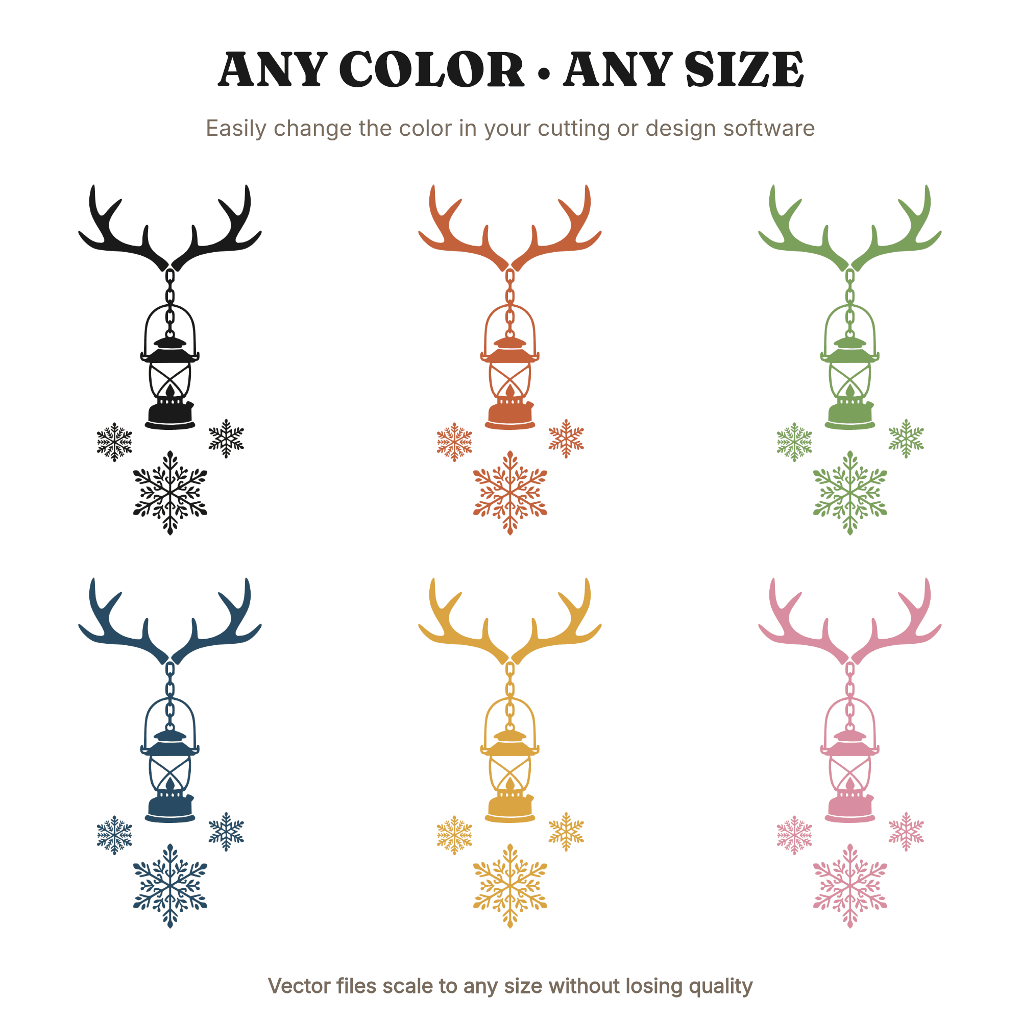 Christmas Camping Lantern SVG, Antler Rack with Snowflakes PNG, Rustic Holiday Cut File Design, view 2