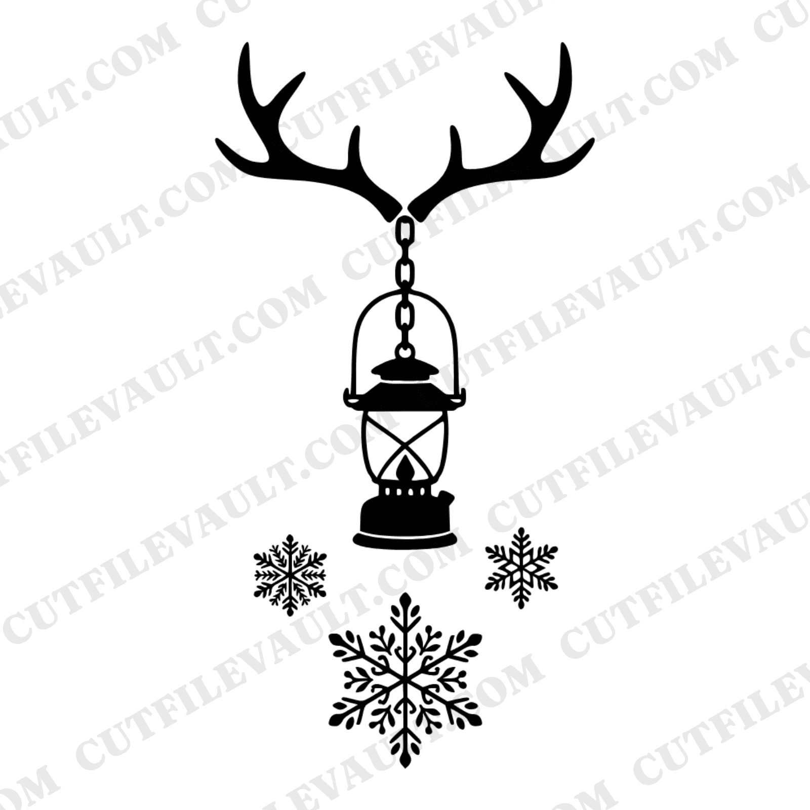 Christmas Camping Lantern SVG, Antler Rack with Snowflakes PNG, Rustic Holiday Cut File Design, view 1