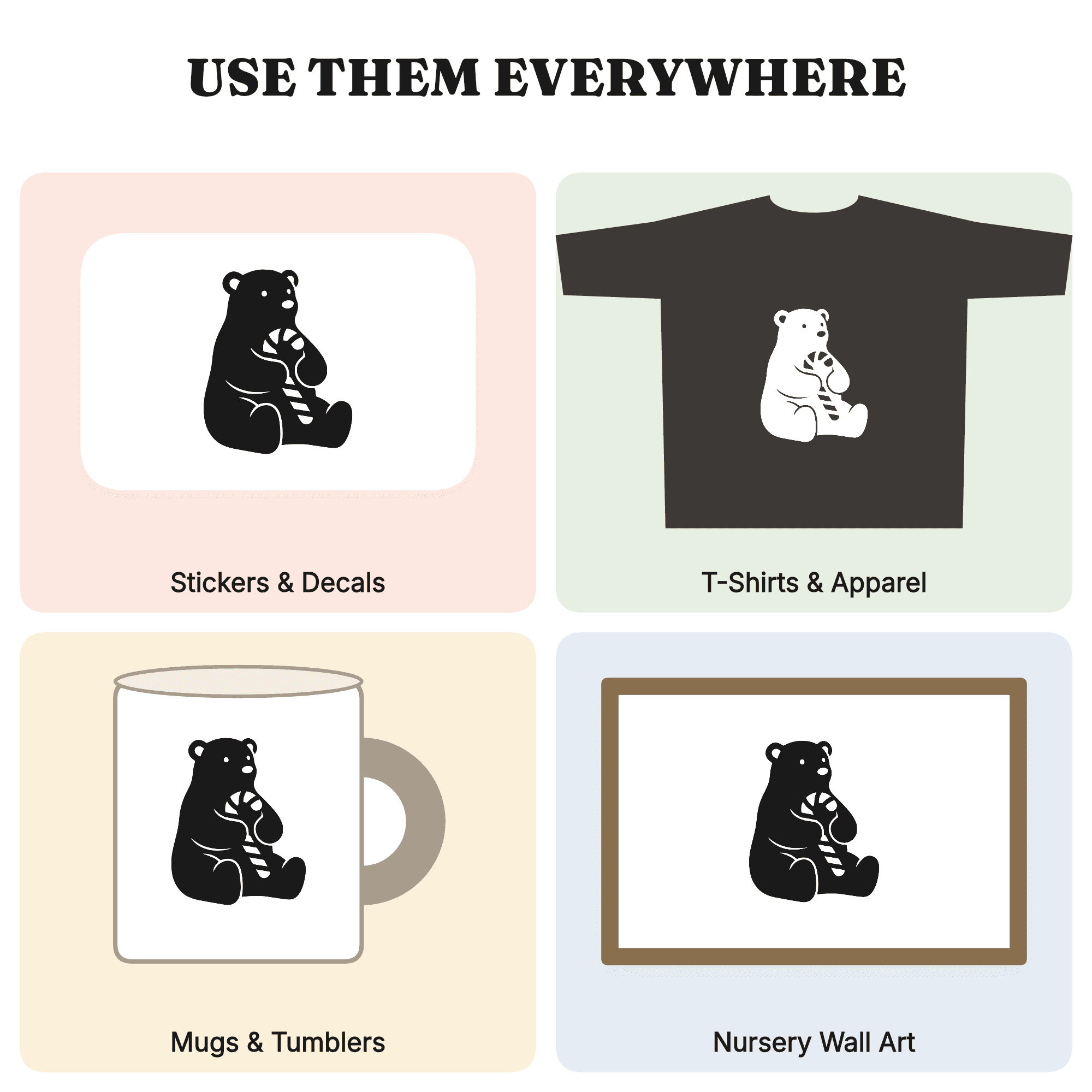 Polar Bear Cub Holding Candy Cane SVG PNG, Christmas Bear Silhouette Cut File for Cricut, view 3