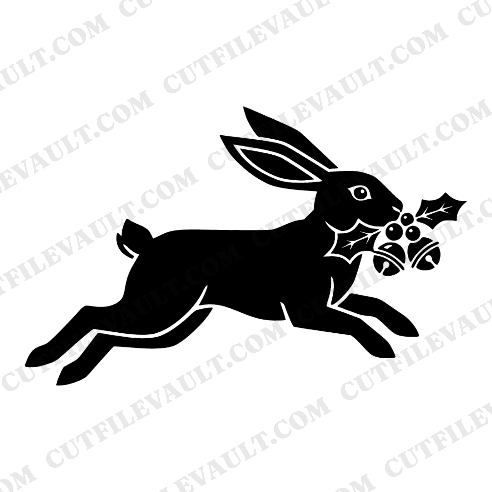 Art Deco Christmas Rabbit SVG, Leaping Bunny with Holly PNG, Geometric Holiday Woodland Cut File, view 1
