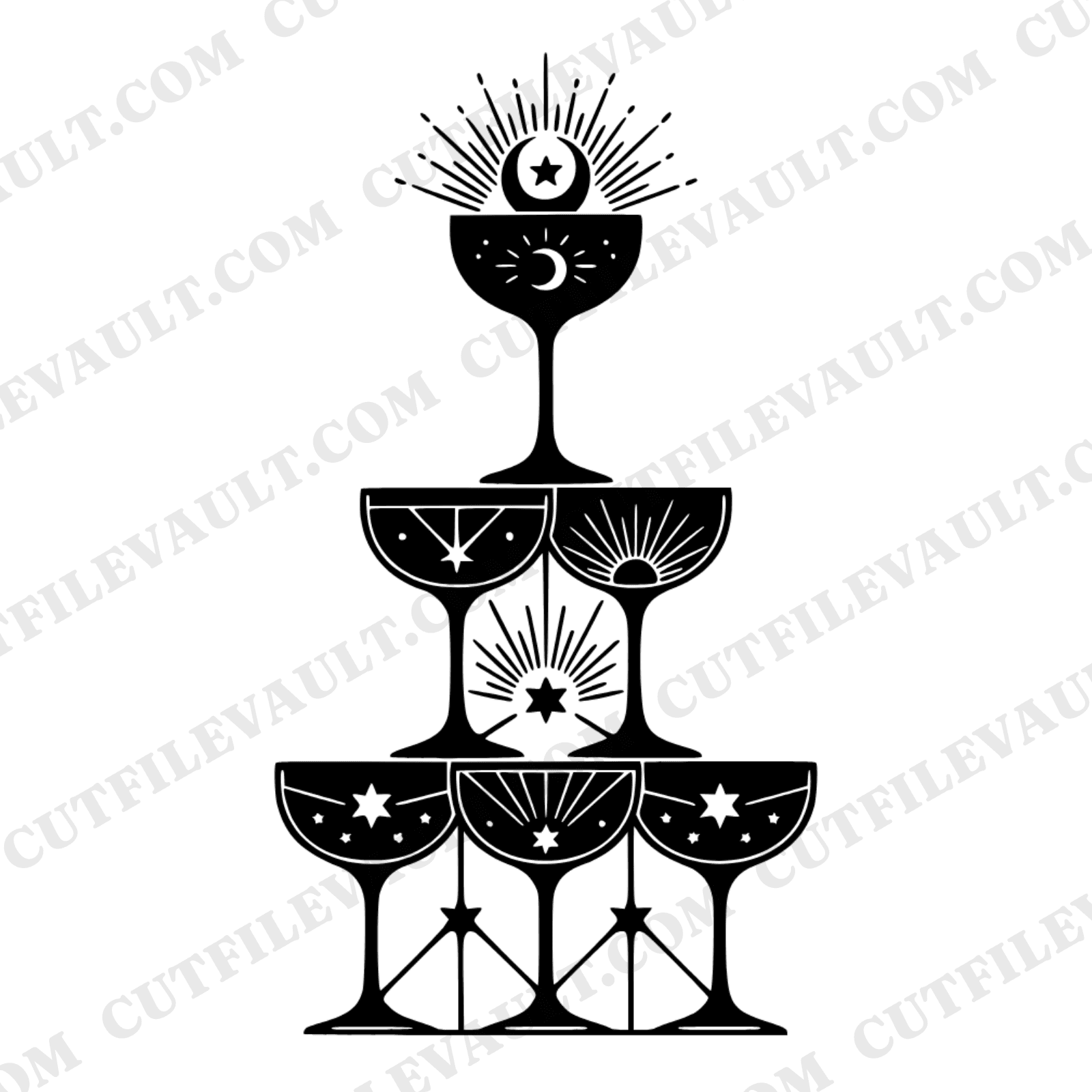 Celestial Champagne Coupe Tower SVG PNG, Crescent Moon Stars Art Deco Champagne Glass Pyramid Cut File, view 1