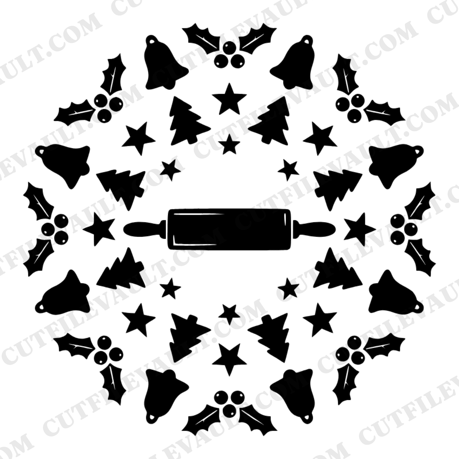 Christmas Rolling Pin Mandala SVG PNG, Cookie Cutter Farmhouse Kitchen Wall Art Cut File, view 1