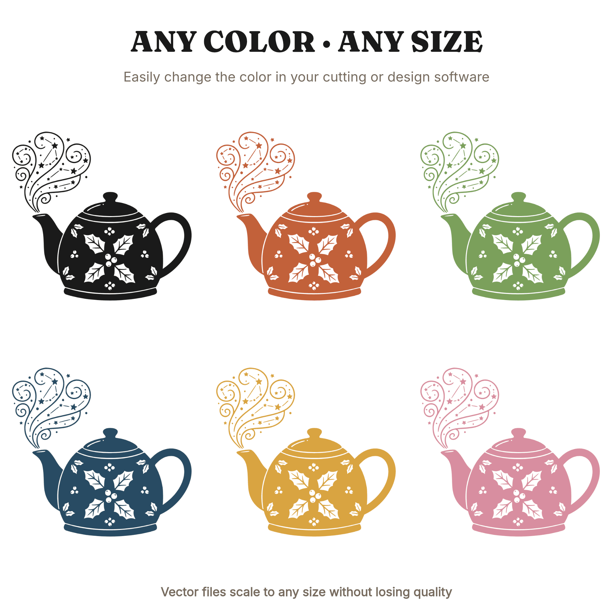 Christmas Tea Kettle SVG, Celestial Constellation Steam, Cottagecore Holiday Kitchen Decor PNG Cut File, view 2